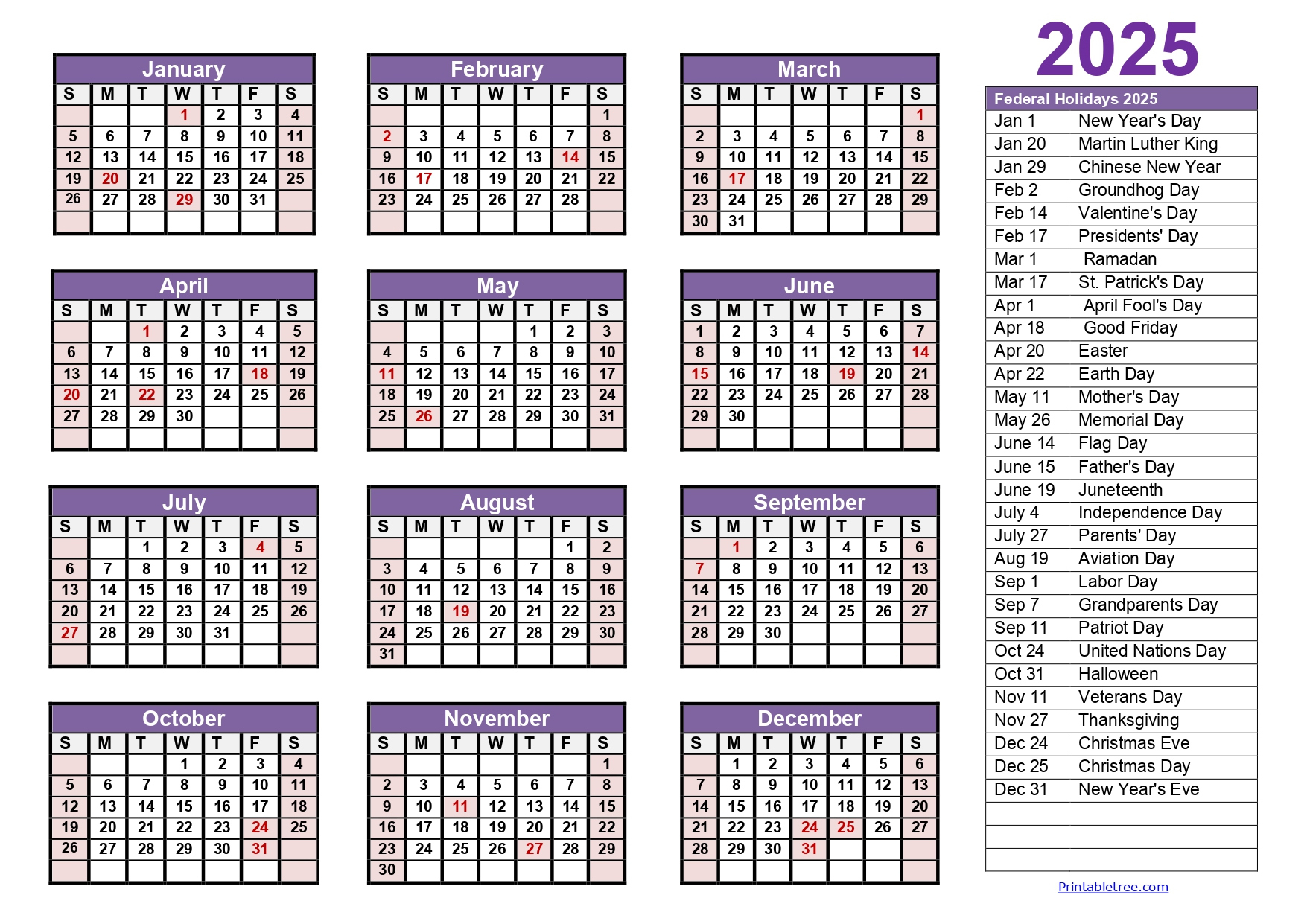 Yearly Calendar With Holidays Printable Printable Calendar