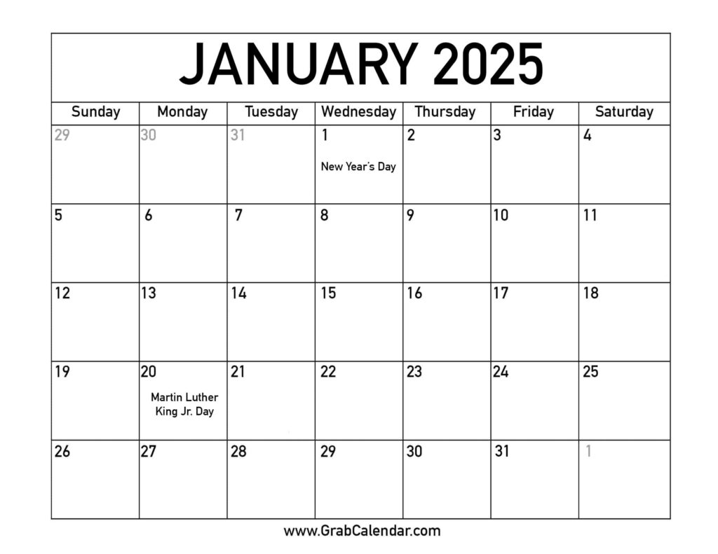 Free Printable January 2025 Calendar With Holidays Printable Calendar