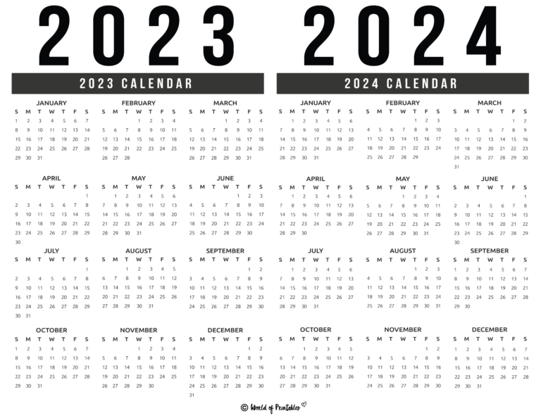 2023 2024 Calendar Free Printables - World Of Printables | 2023 and 2024 Yearly Calendar