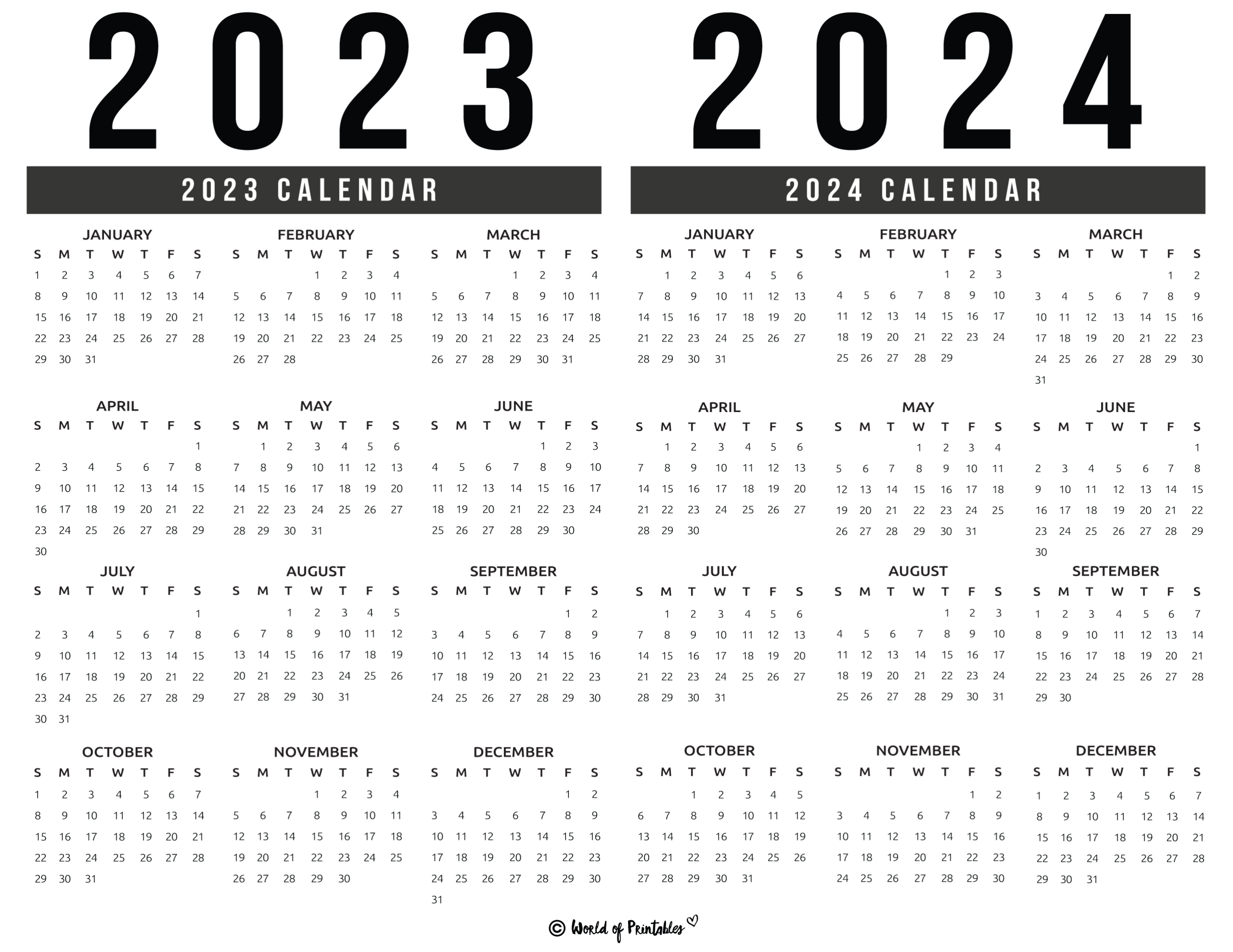 2023 2024 Calendar Free Printables - World Of Printables | 2023 And 2024 Yearly Calendar