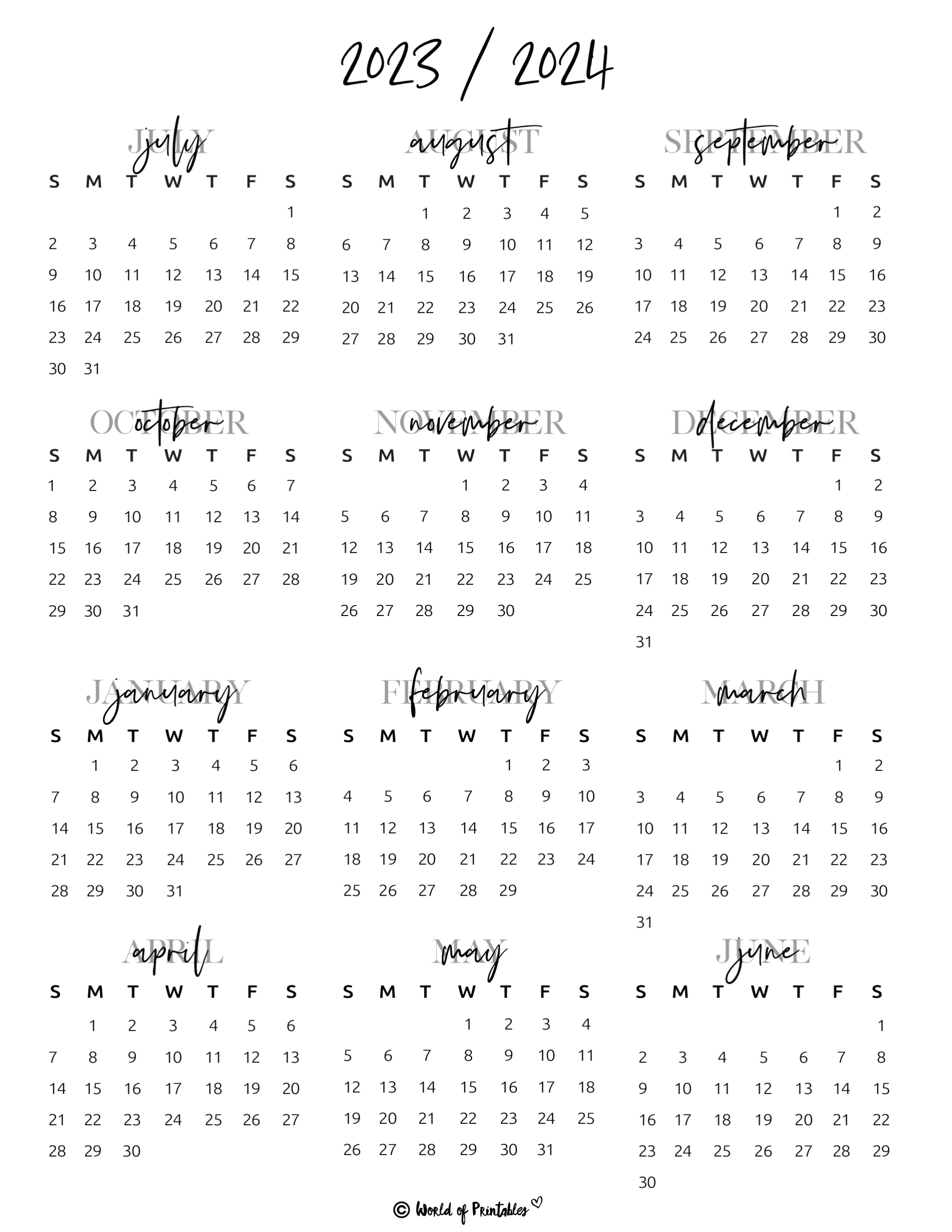 2023 2024 Calendar Free Printables - World Of Printables | 2023 Calendar 2024 Printable Academic