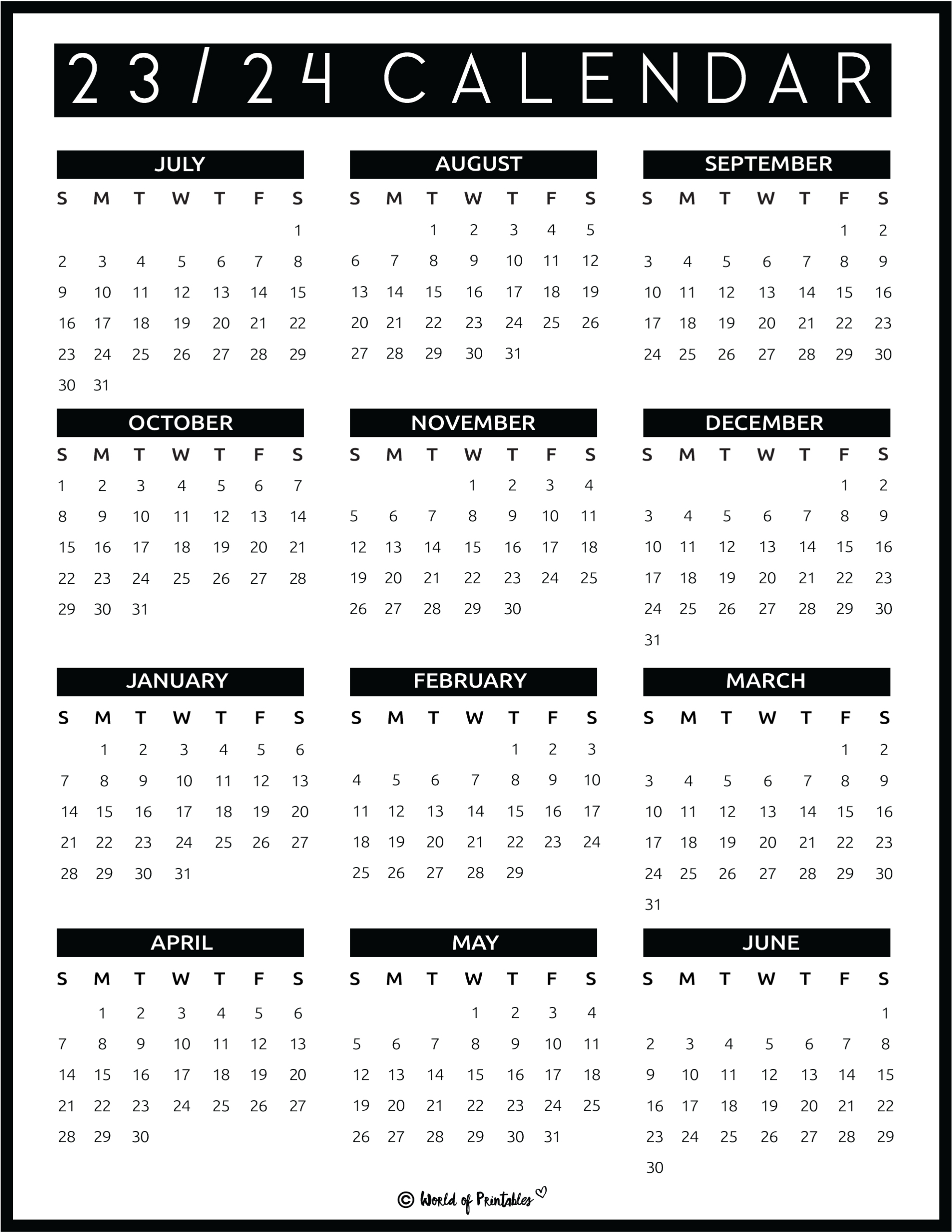 2023 2024 Calendar Free Printables - World Of Printables | 2023 Calendar 2024 Printable Academic