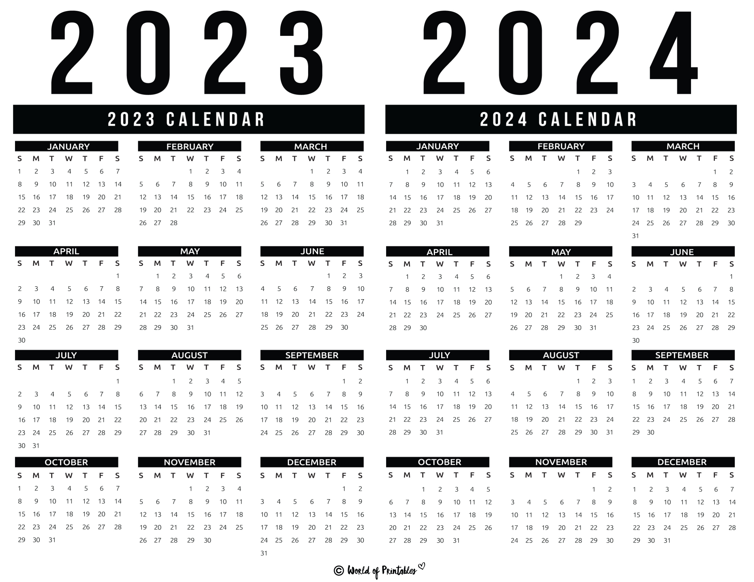 2023 2024 Calendar Free Printables - World Of Printables | 2023 Calendar 2024 Printable Free Download