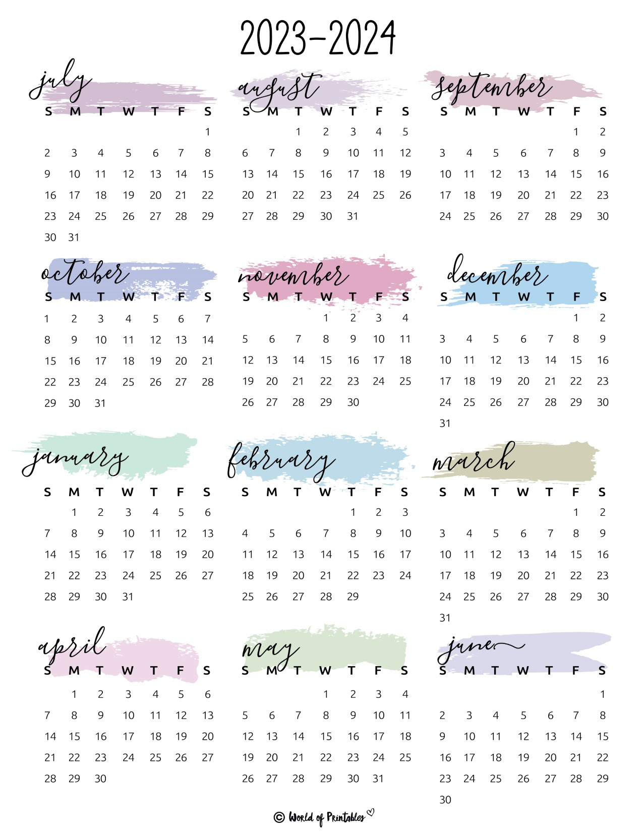 2023 2024 Calendar Free Printables - World Of Printables | 2024 Calendar Printable Colorful