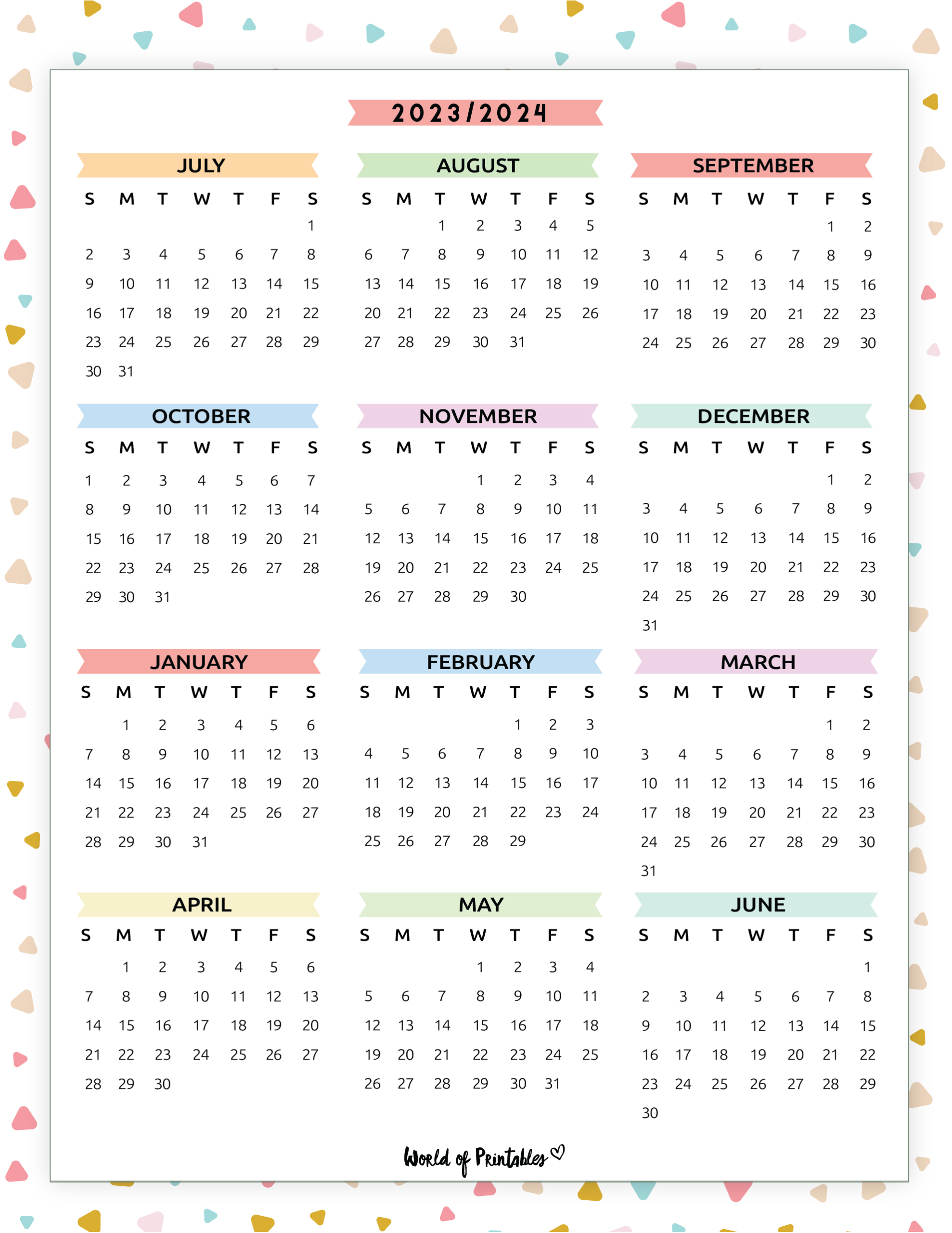 2023 2024 Calendar Free Printables - World Of Printables | 2024 Calendar Printable Cute