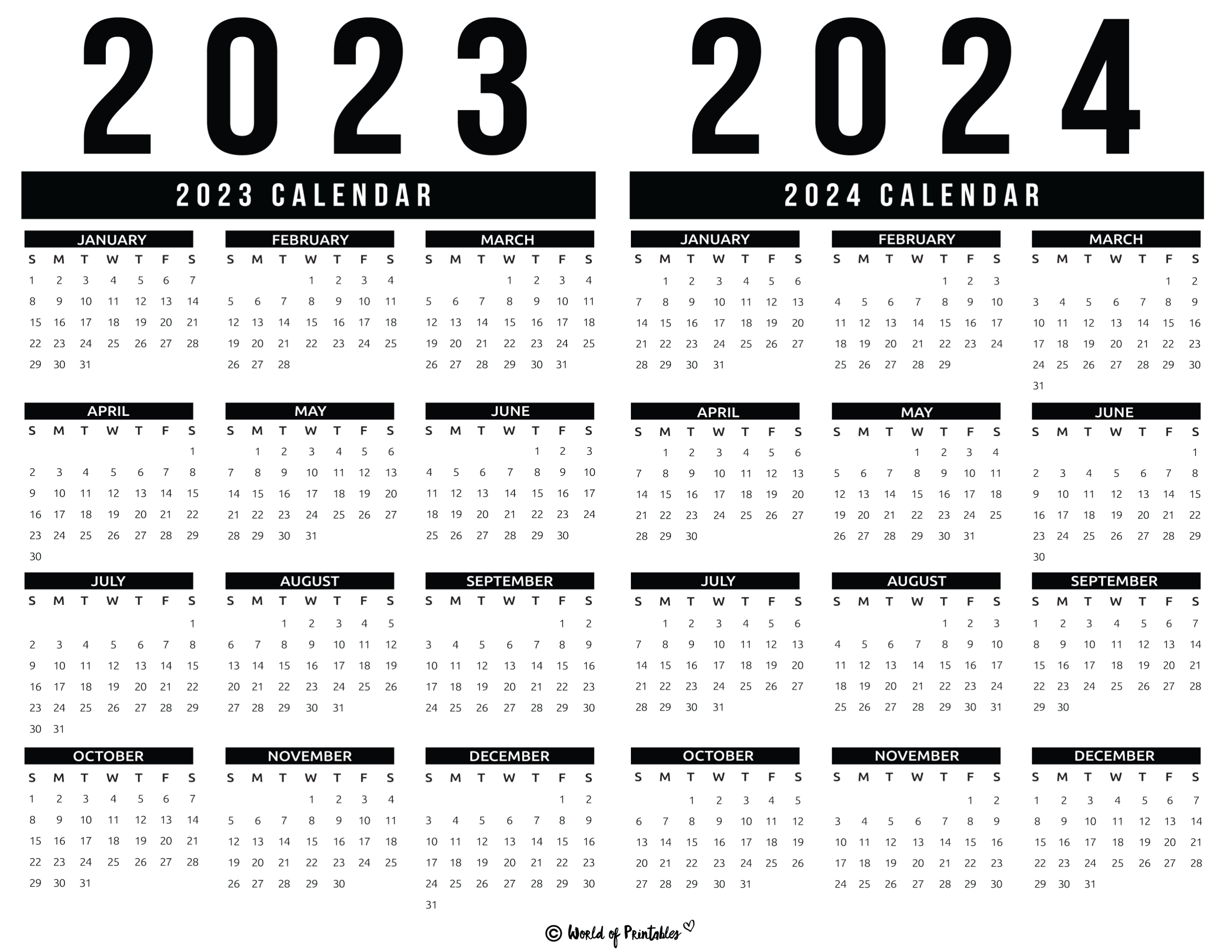 2023 2024 Calendar Free Printables - World Of Printables | 2024 Yearly Calendar At A Glance