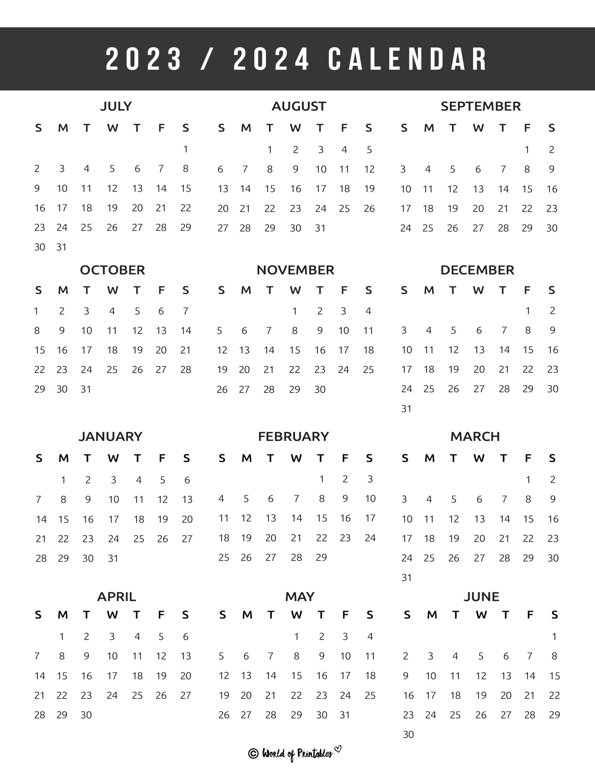 2023 2024 Calendar Free Printables - World Of Printables | August 2023 To July 2024 Calendar Printable