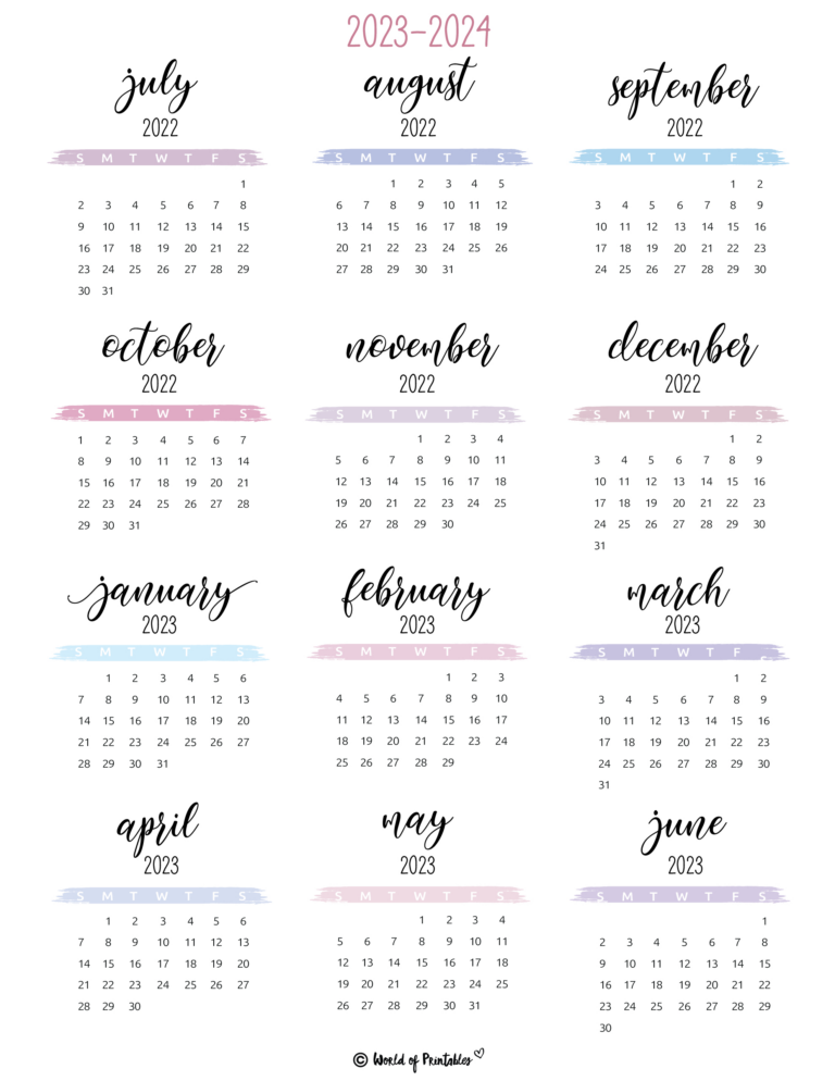 2023 2024 Calendar Free Printables - World Of Printables | Small Printable Calendar 2024