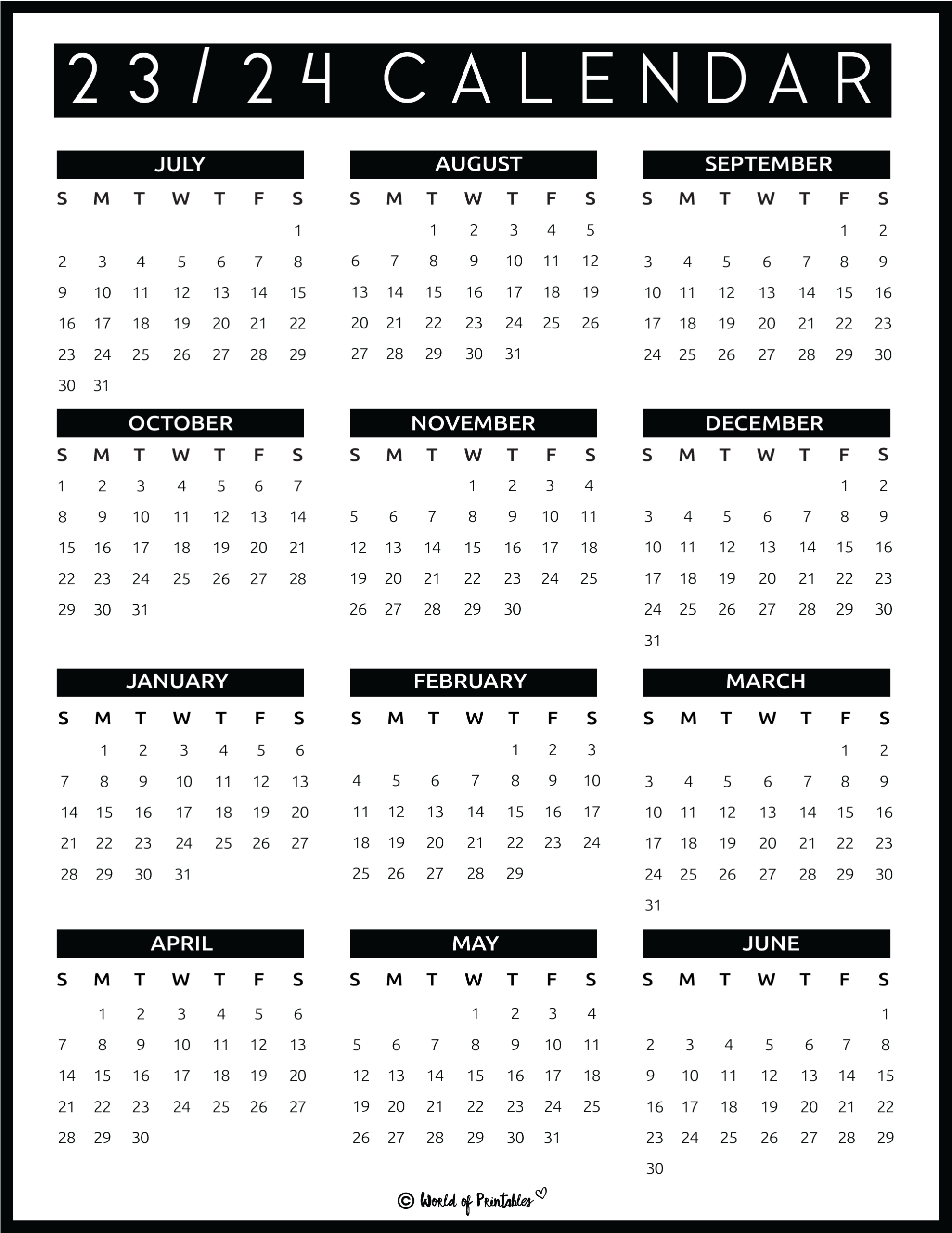2023 2024 Calendar Free Printables - World Of Printables | Year 2024 School Calendar