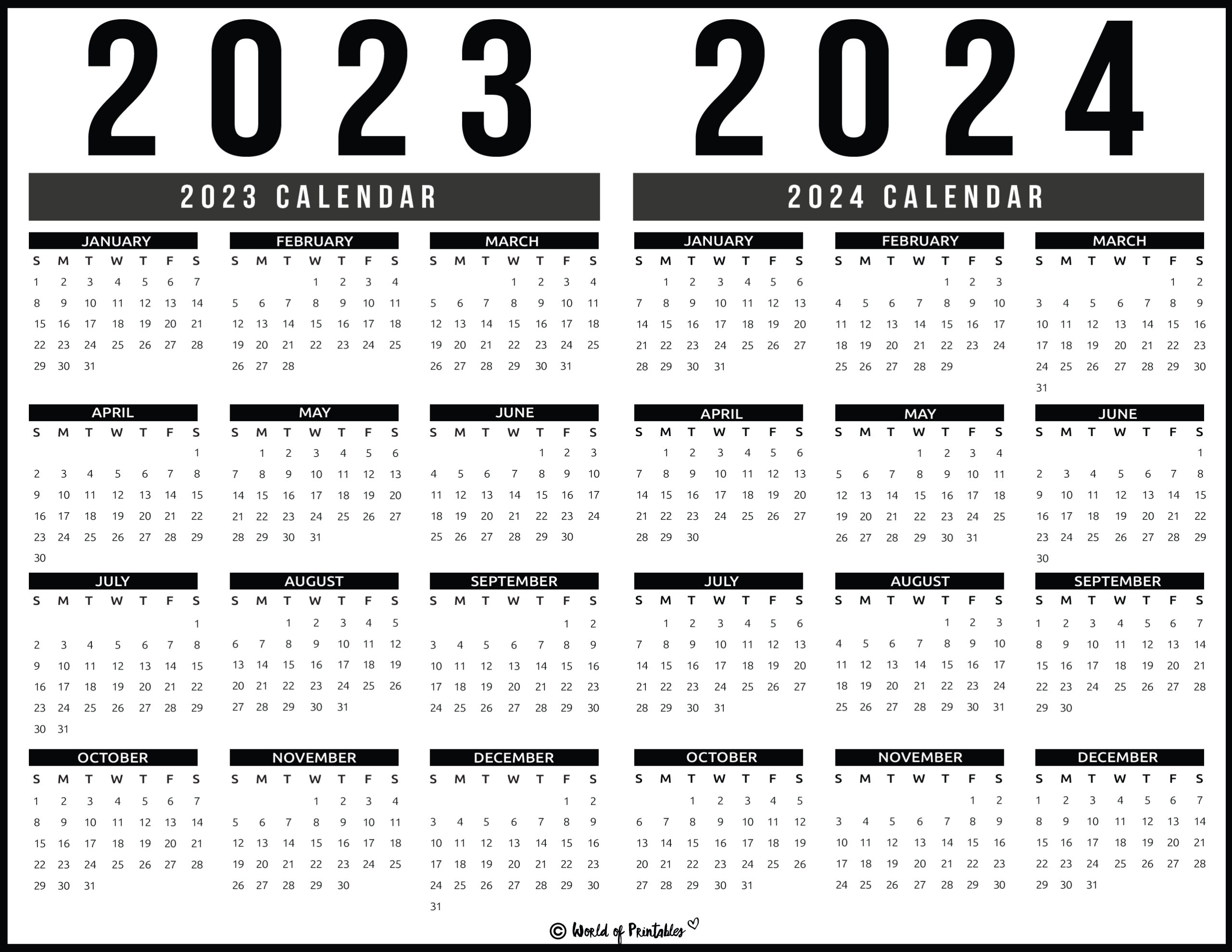 2023 2024 Calendar Free Printables - World Of Printables | Yearly Calendar 2023 And 2024 Printable