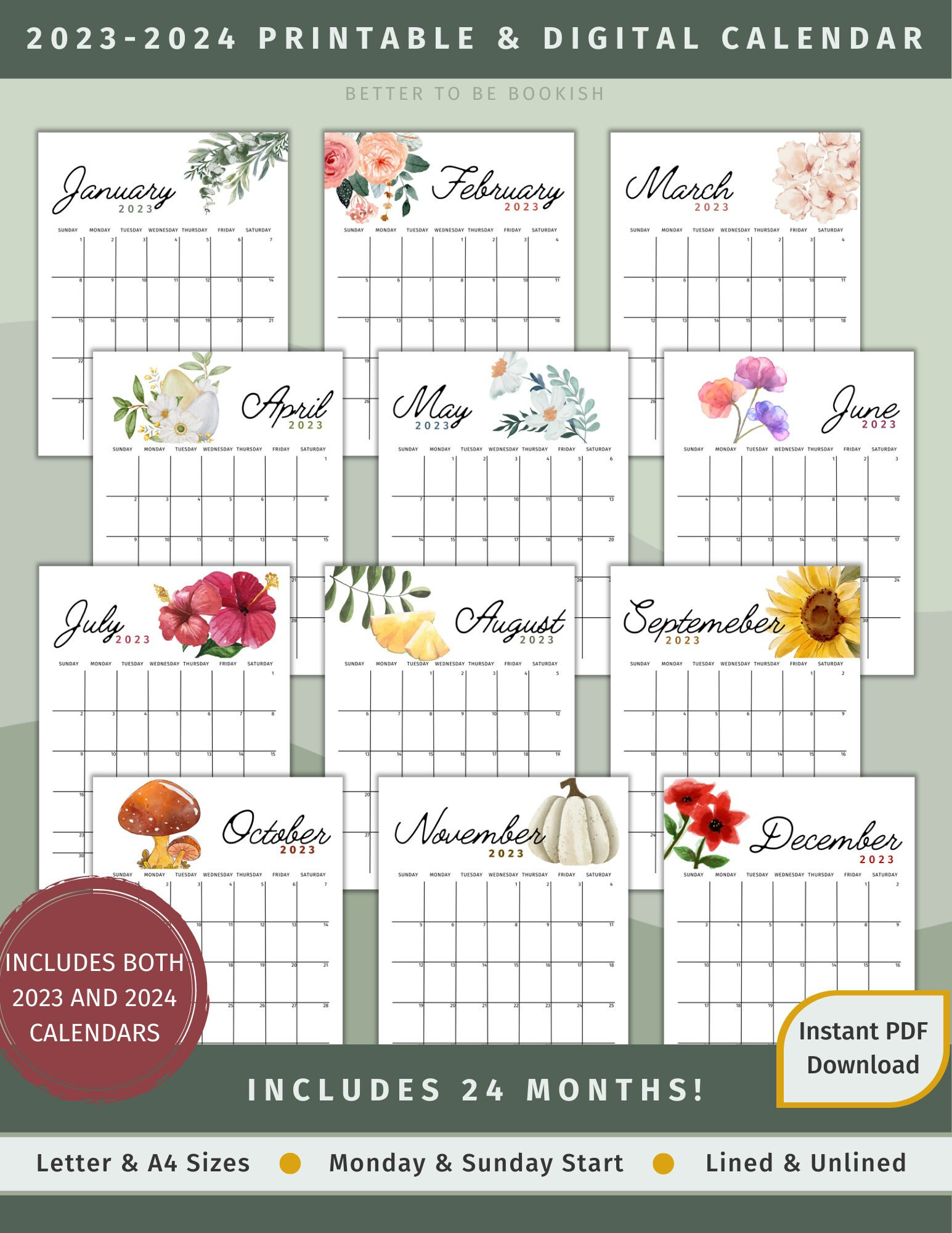 2023-2024 Printable Digital Calendar Botanical Floral Pdf - Etsy | Digital Printable Calendar 2024