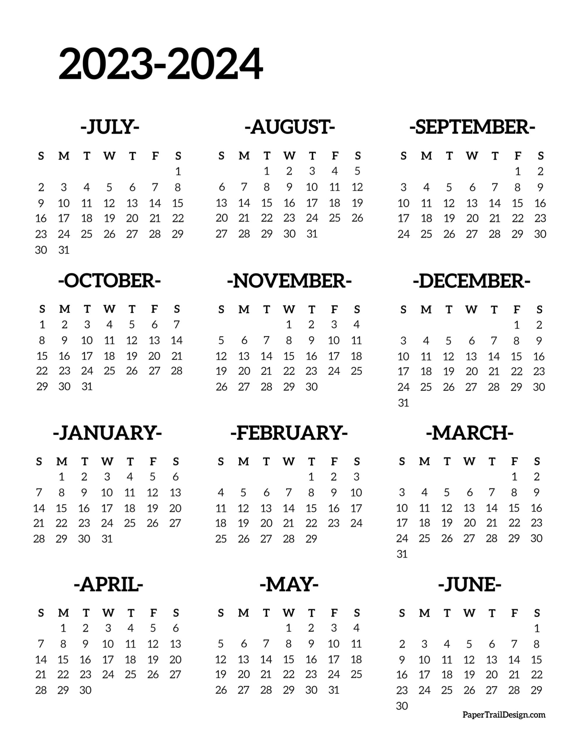 2023-2024 School Year Calendar Free Printable - Paper Trail Design | 2023 Calendar 2024 Printable Blank