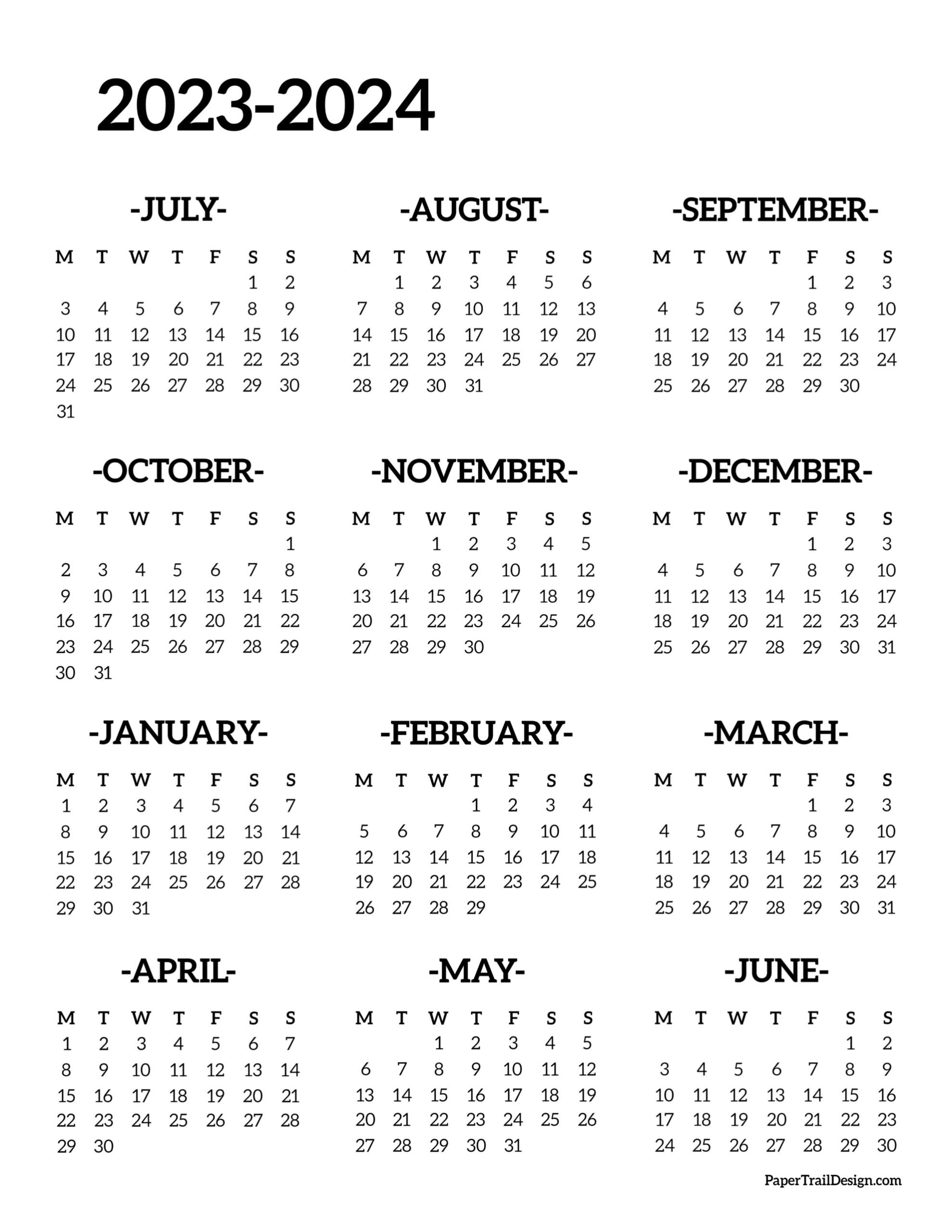 2023-2024 School Year Calendar Free Printable - Paper Trail Design | August 2023 To July 2024 Calendar Printable