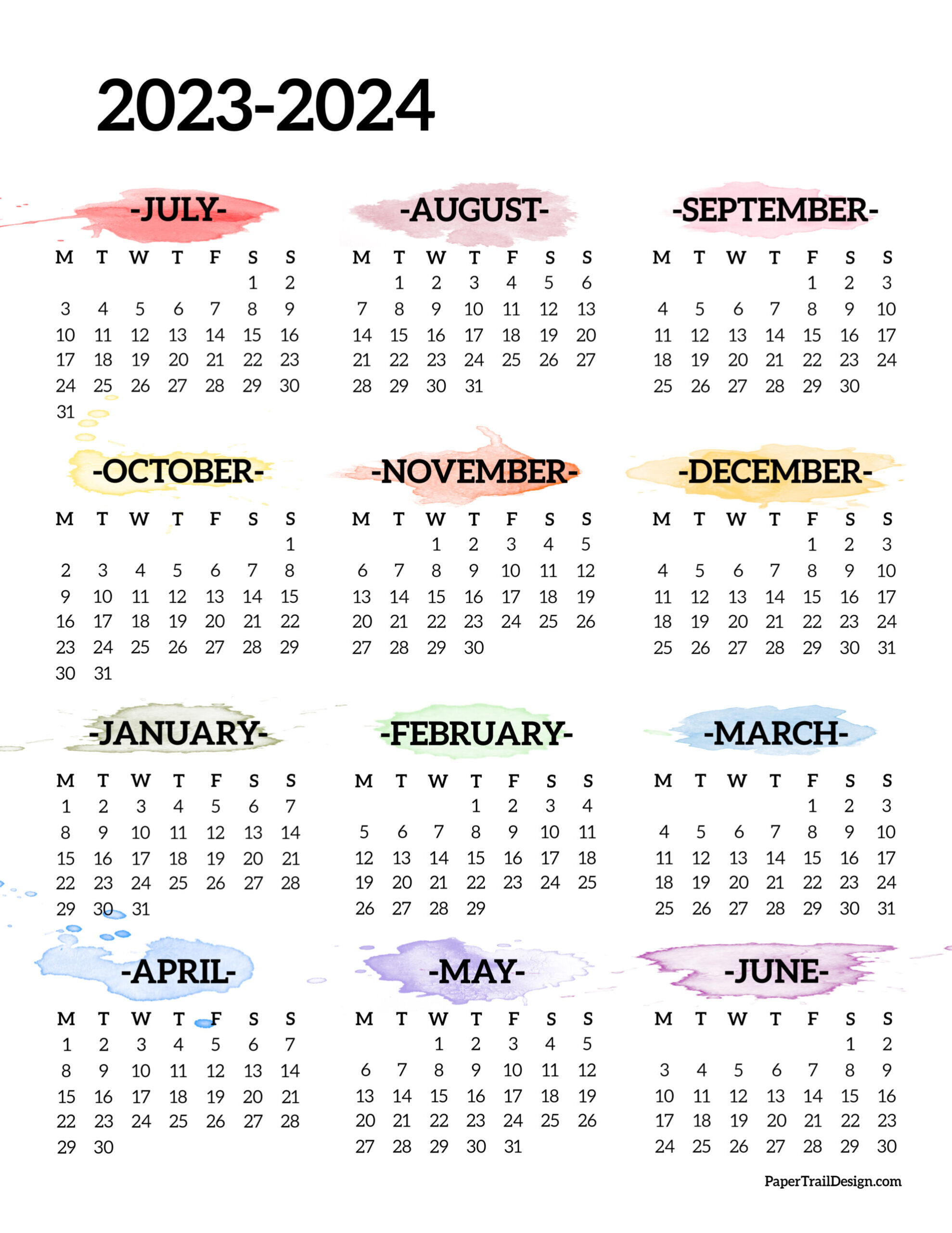 2023-2024 School Year Calendar Free Printable - Paper Trail Design | Free Printable Academic Calendar 2023 2024