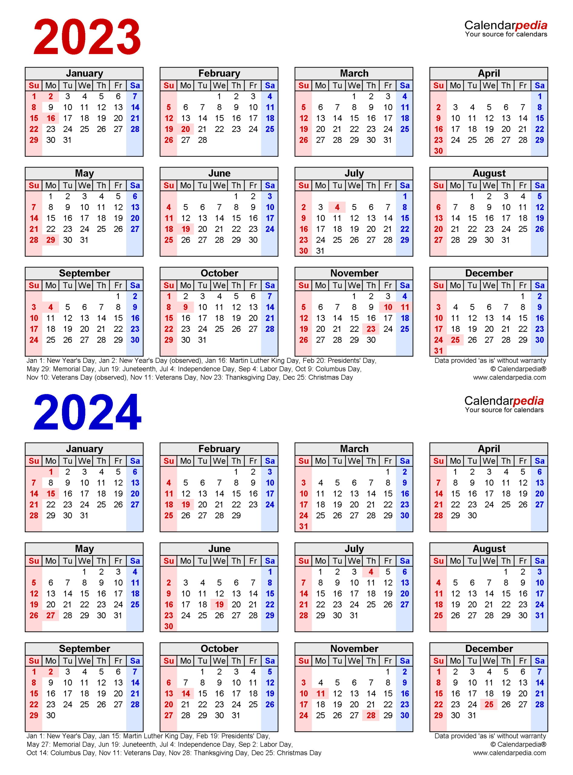 2023-2024 Two Year Calendar - Free Printable Word Templates | 2023 Calendar 2024 Printable Editable