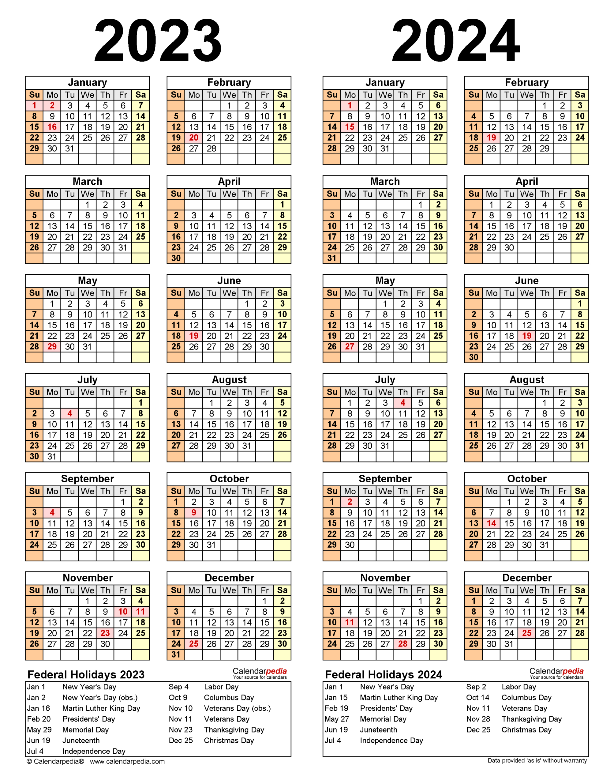 2023-2024 Two Year Calendar - Free Printable Word Templates | Printable 2024 Timeshare Calendar