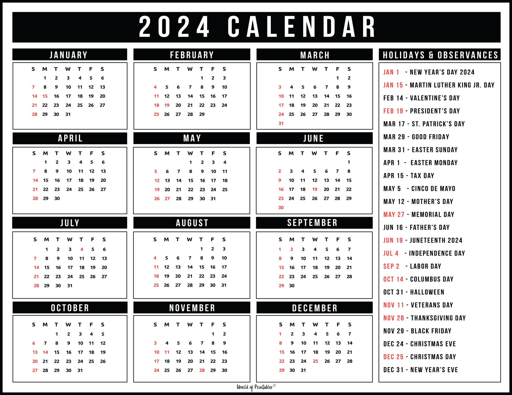 2023 Calendar With Holidays - World Of Printables | 2024 Calendar Trinidad Printable