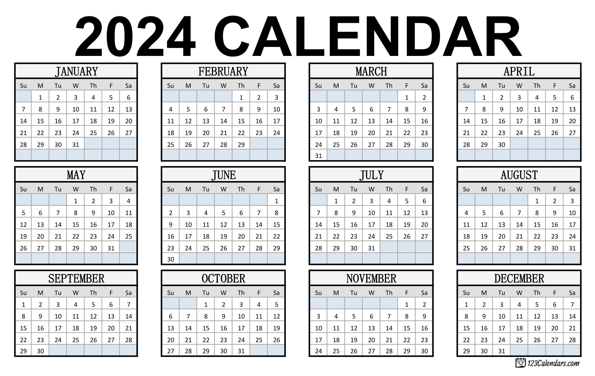 2023 Printable Calendar | 123Calendars | Annual Calendar 2024 Printable