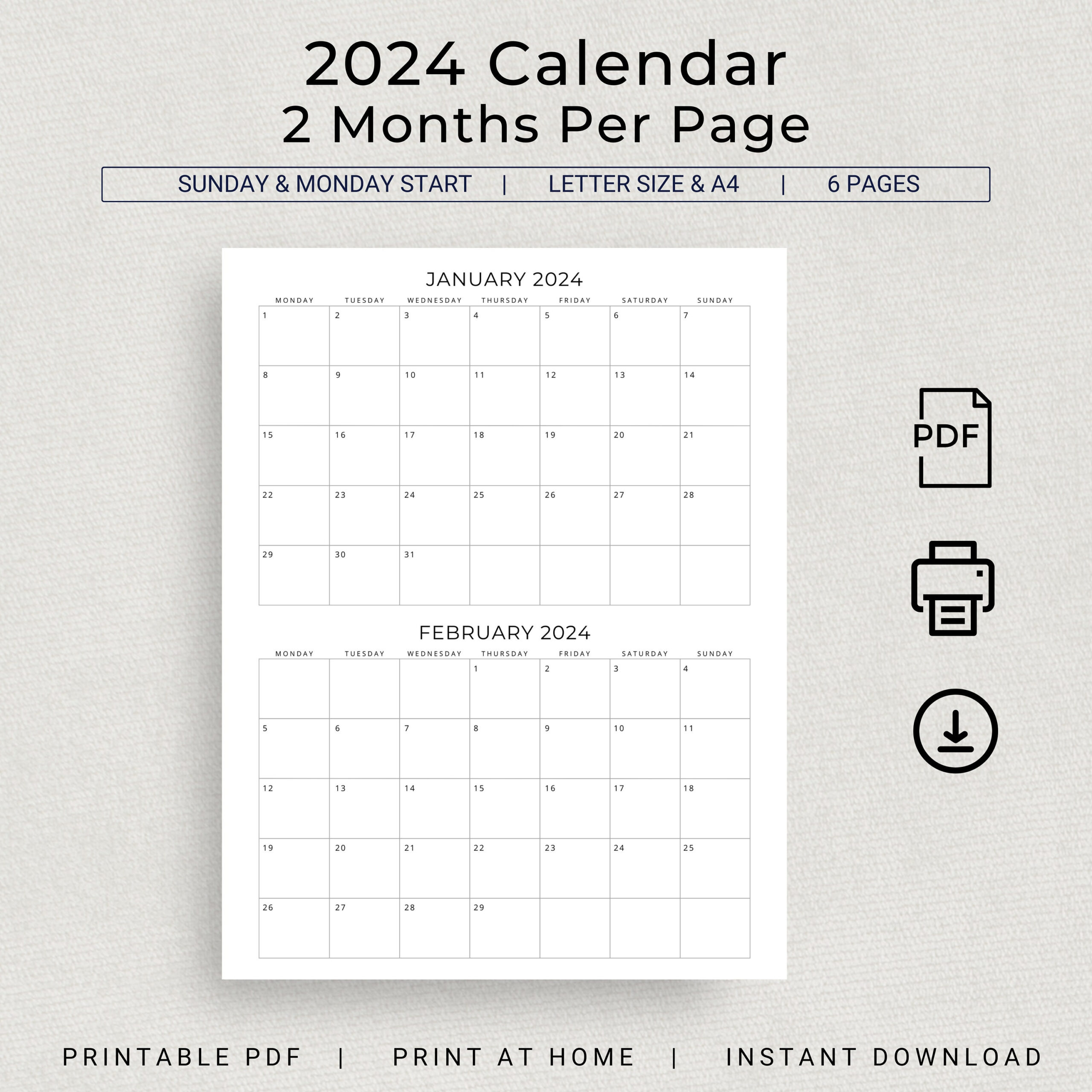 2024 2 Month Calendar 2024 Planner Calendar Wall Calendar 2 - Etsy | Printable Calendar 2024 Two Months Per Page