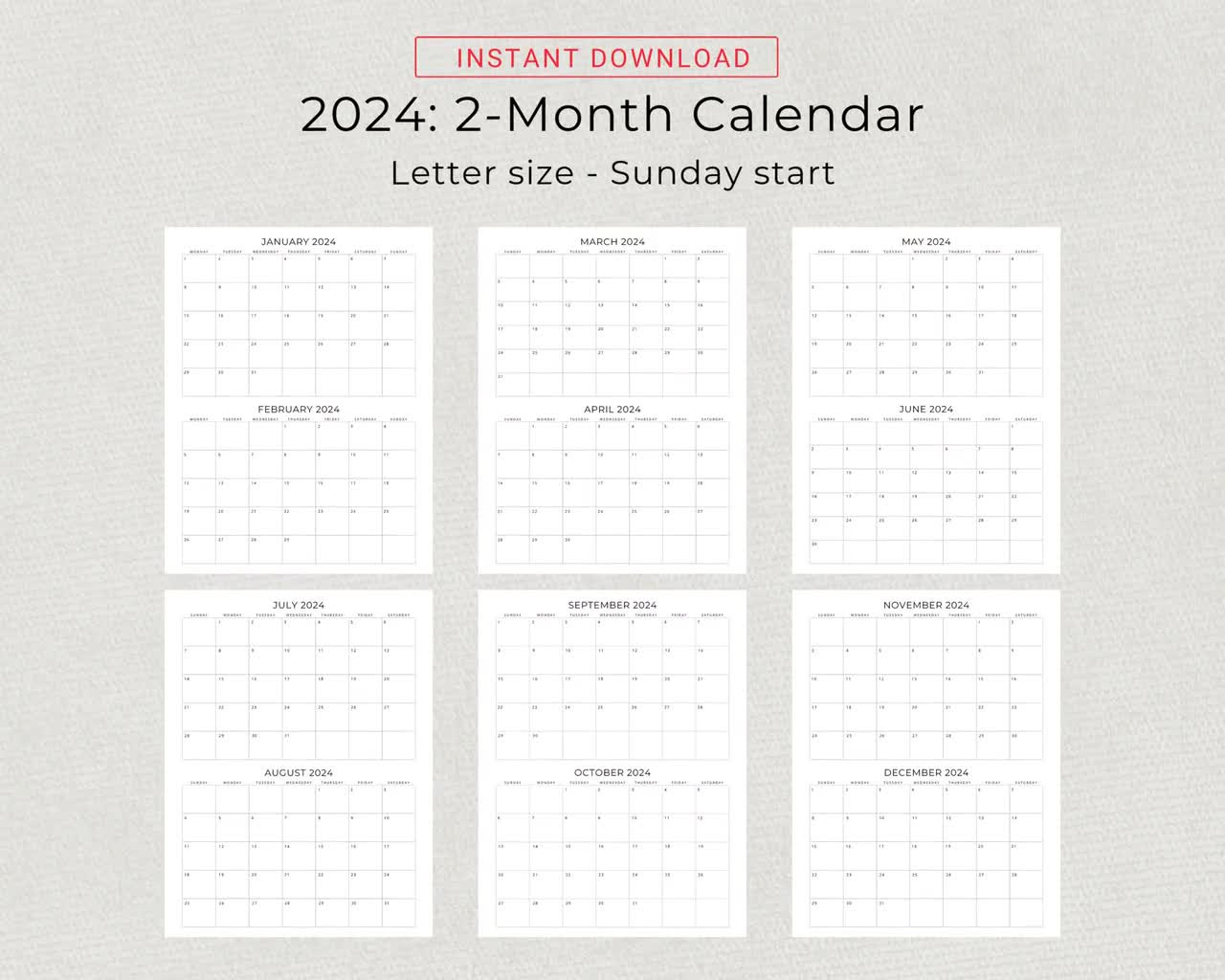 2024 2 Month Calendar 2024 Planner Calendar Wall Calendar 2 Months Per Page  Monthly Calendar 2024 Organizer Minimalist Printable Calendar | Free Printable Calendar 2024 Two Months Per Page