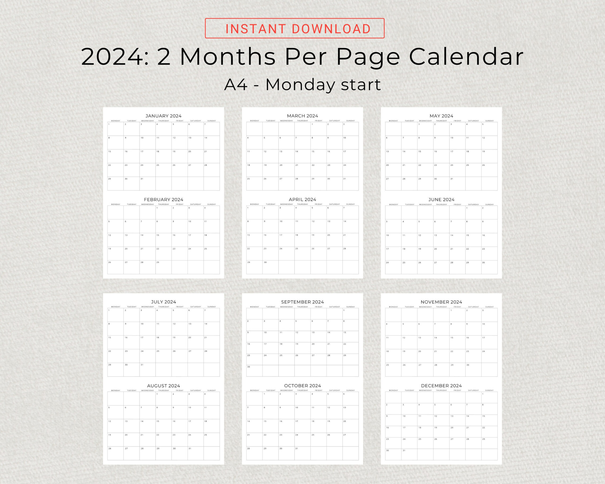 2024 2 Month Calendar 2024 Planner Calendar Wall Calendar 2 Months Per Page  Monthly Calendar 2024 Organizer Minimalist Printable Calendar | Printable Calendar 2024 2 Months Per Page