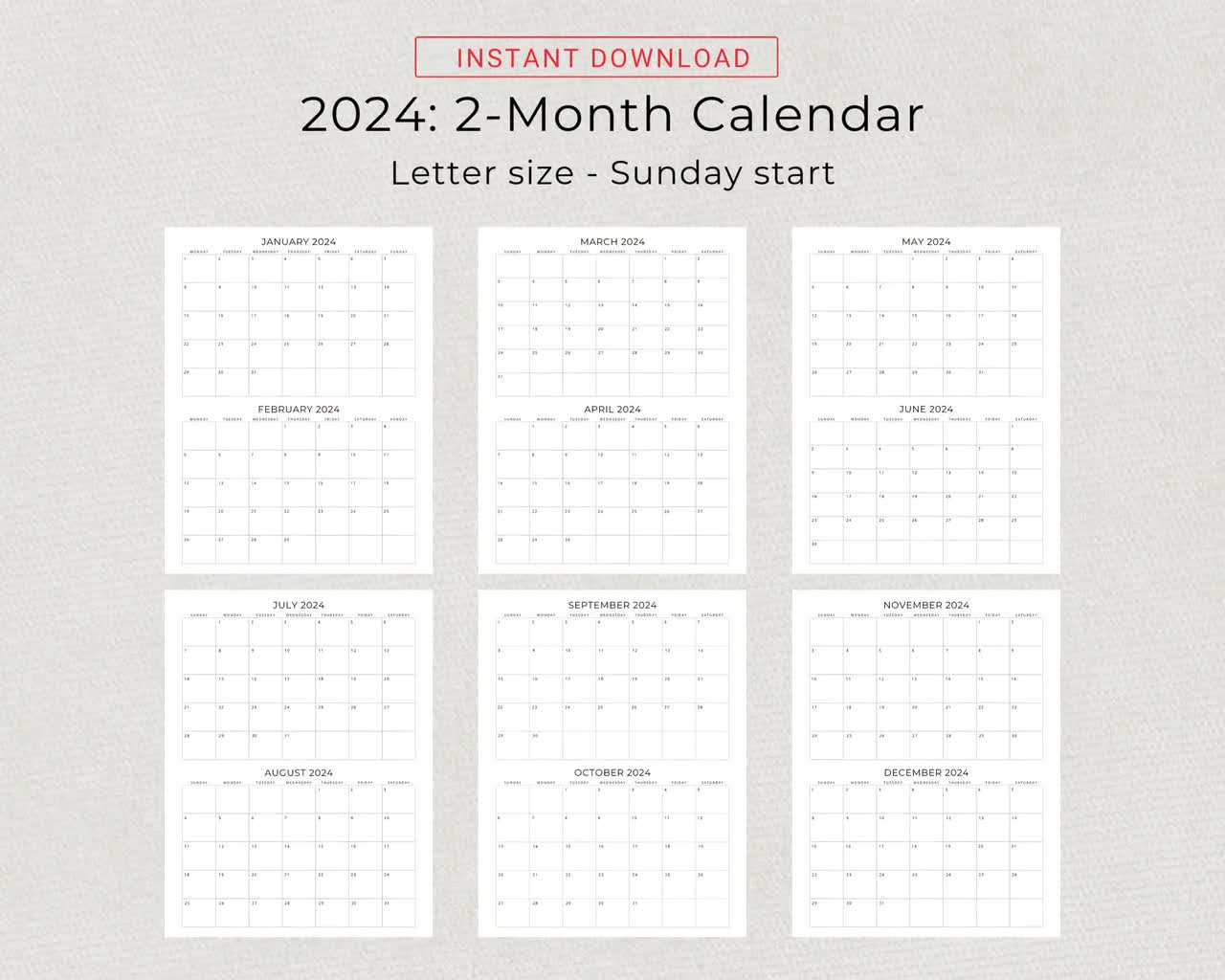 2024 2 Month Calendar 2024 Planner Calendar Wall Calendar 2 Months Per Page  Monthly Calendar 2024 Organizer Minimalist Printable Calendar | Printable Calendar 2024 Two Months Per Page