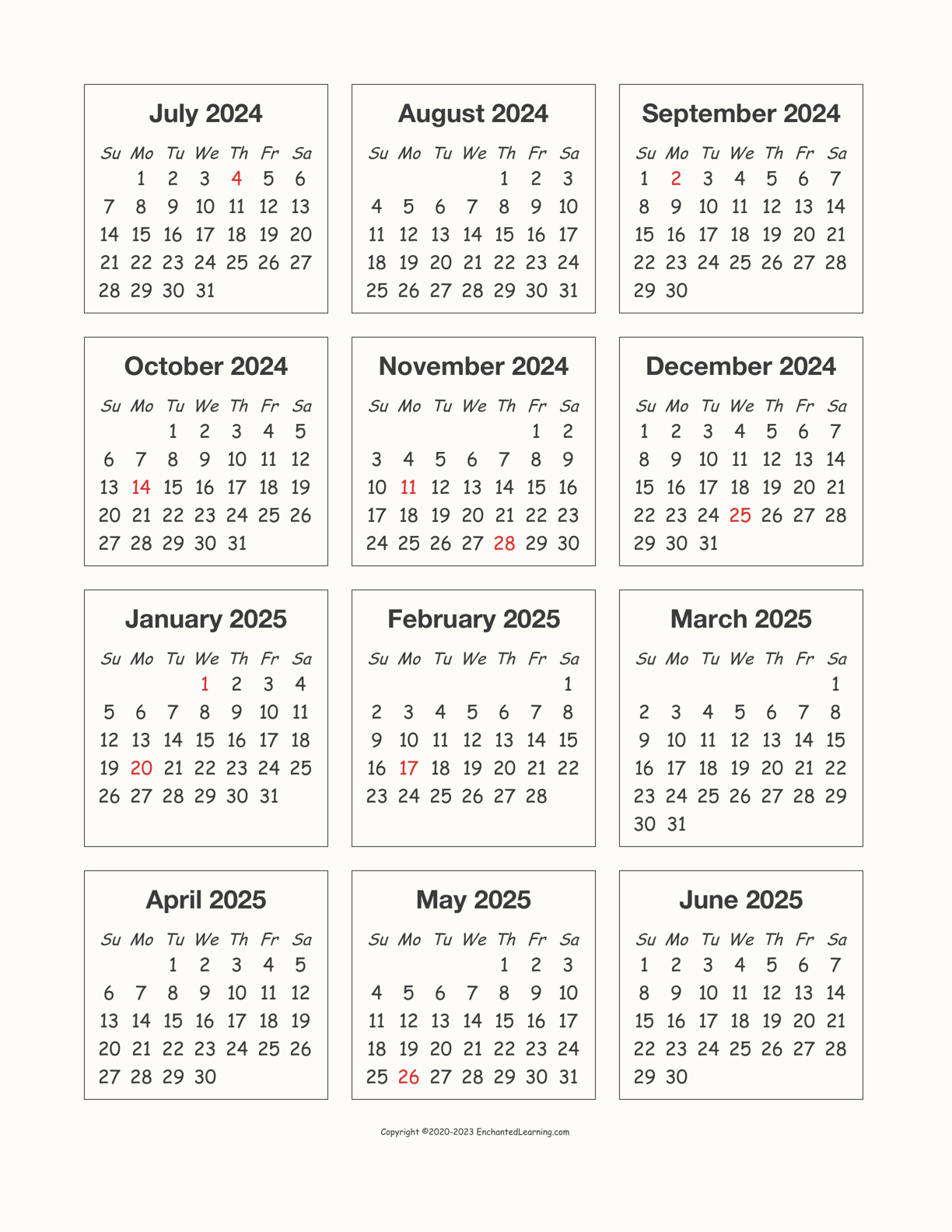 2024-2025 School-Year One-Page Calendar - Enchanted Learning | 2024 Calendar 2025 Printable Pdf