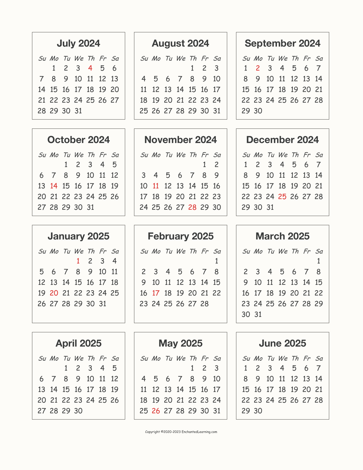 2024-2025 School-Year One-Page Calendar - Enchanted Learning | Free Printable Calendar 2024 And 2025