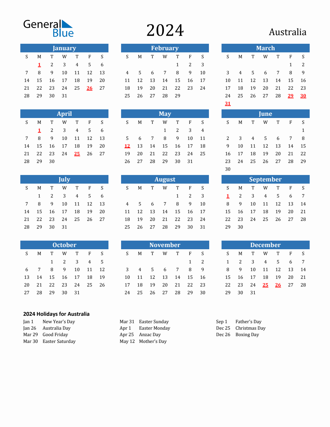 2024 Australia Calendar With Holidays | 2024 Calendar Printable With Holidays Australia