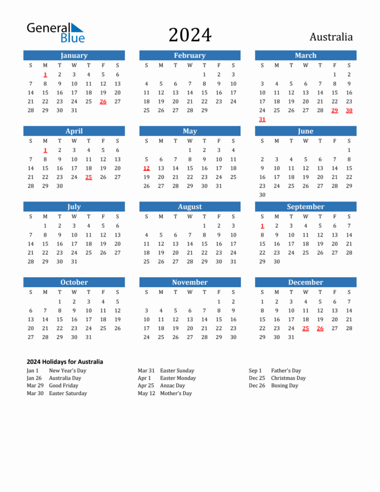 2024 Australia Calendar With Holidays | 2024 Calendar South Australia Printable