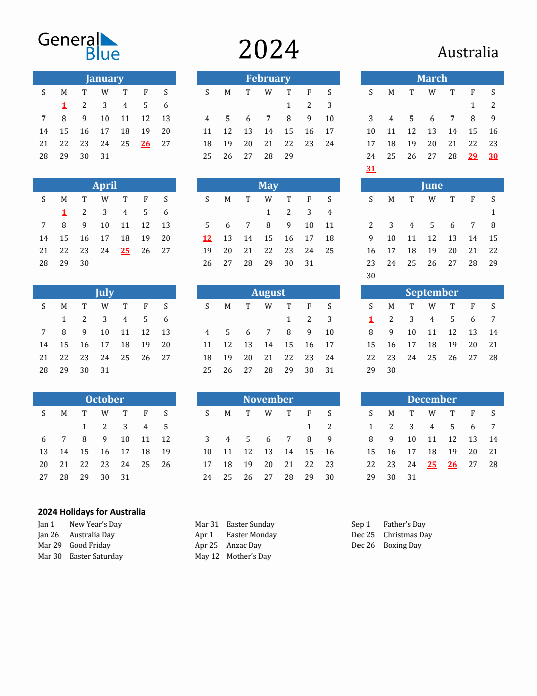 2024 Australia Calendar With Holidays | 2024 Yearly Calendar Australia