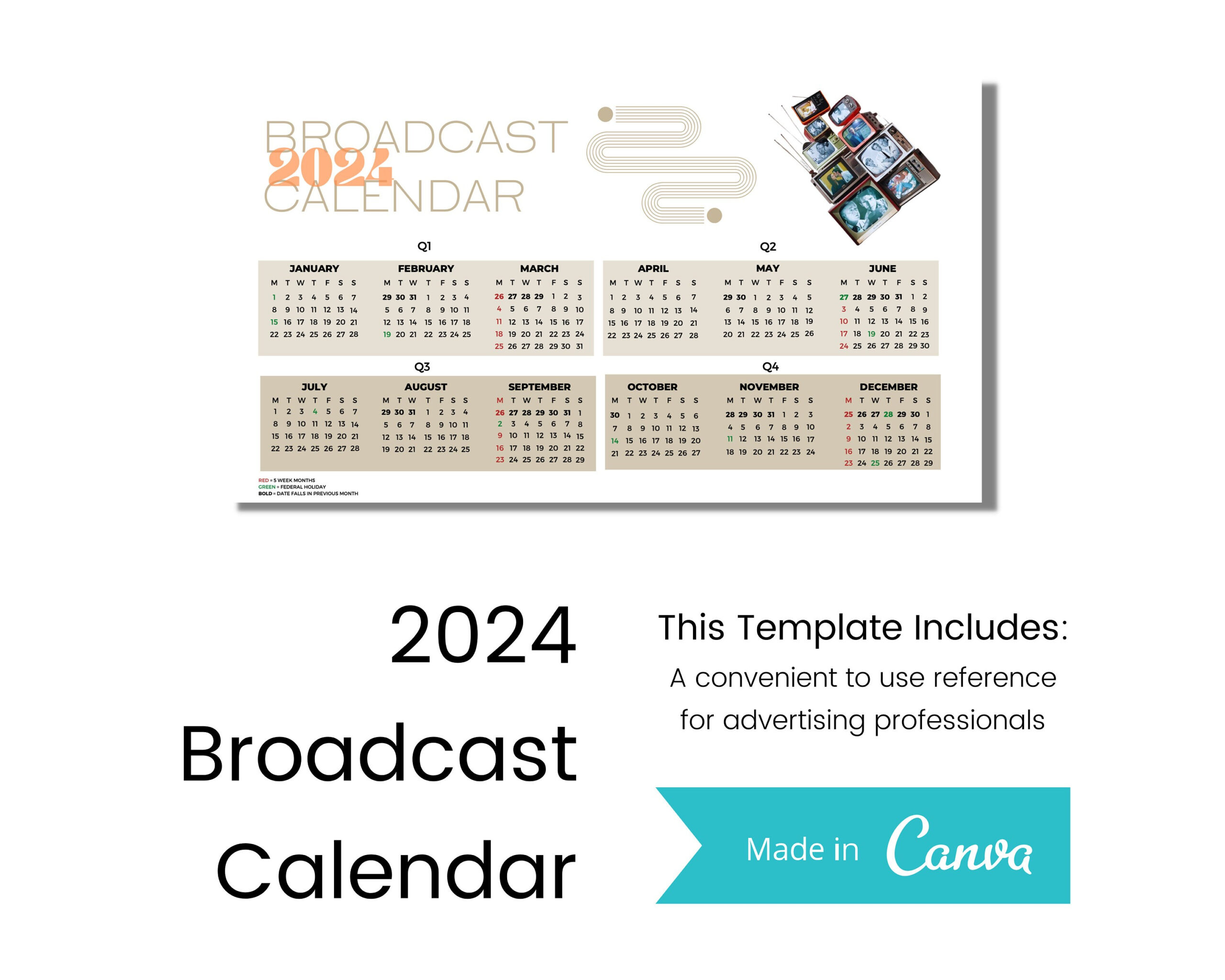 2024 Broadcast Calendar And Flowchart For Advertising - Etsy | Broadcast Calendar 2024 Printable