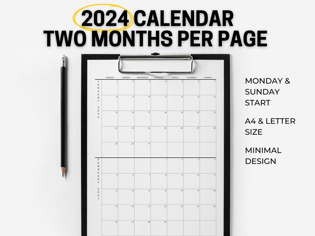2024 Calendar 2 Months Per Page Minimalist Calendar - Etsy | Free Printable Calendar 2024 Two Months Per Page