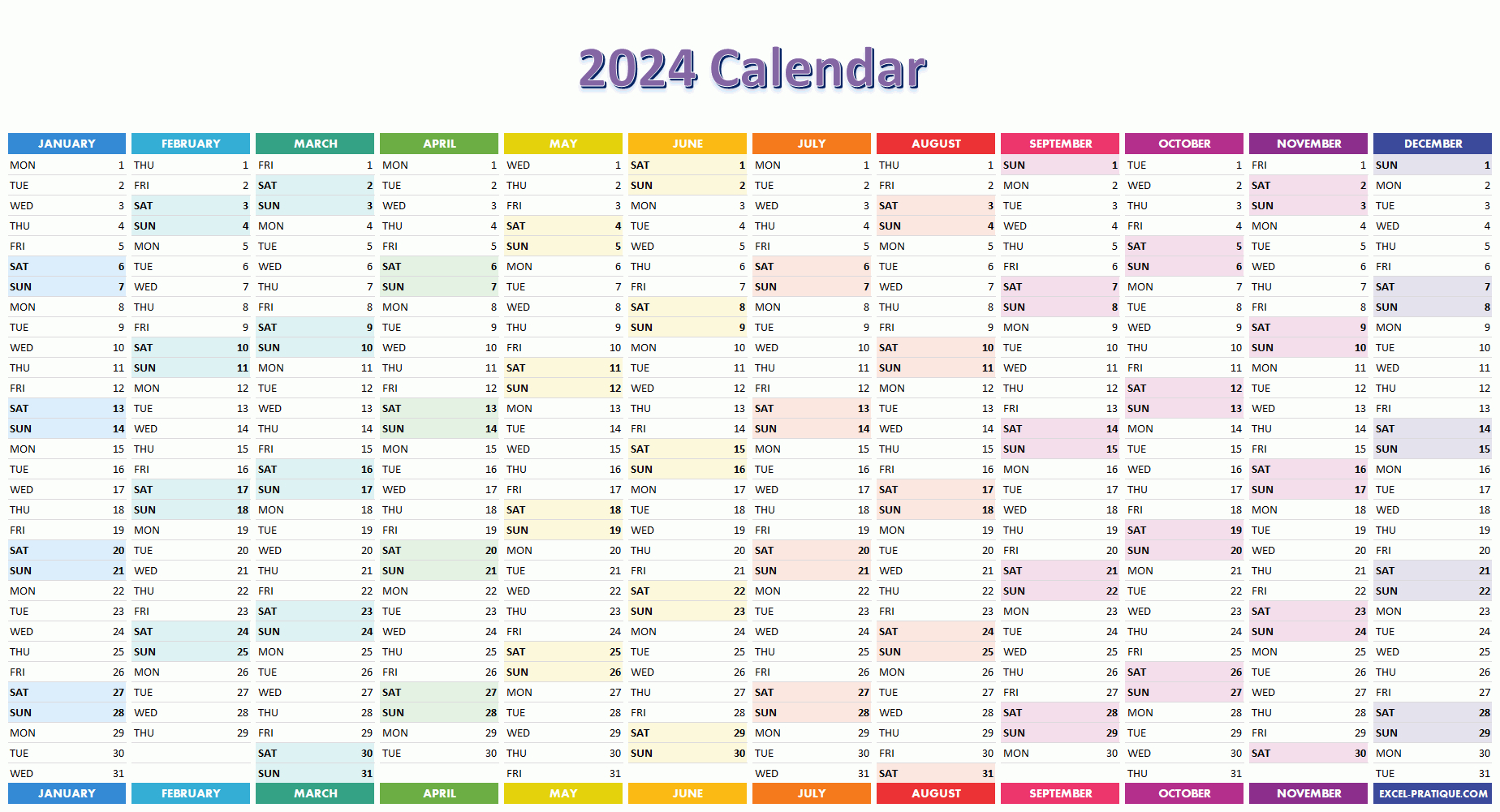 2024 Calendar | 2024 Monthly Calendar Printable Excel