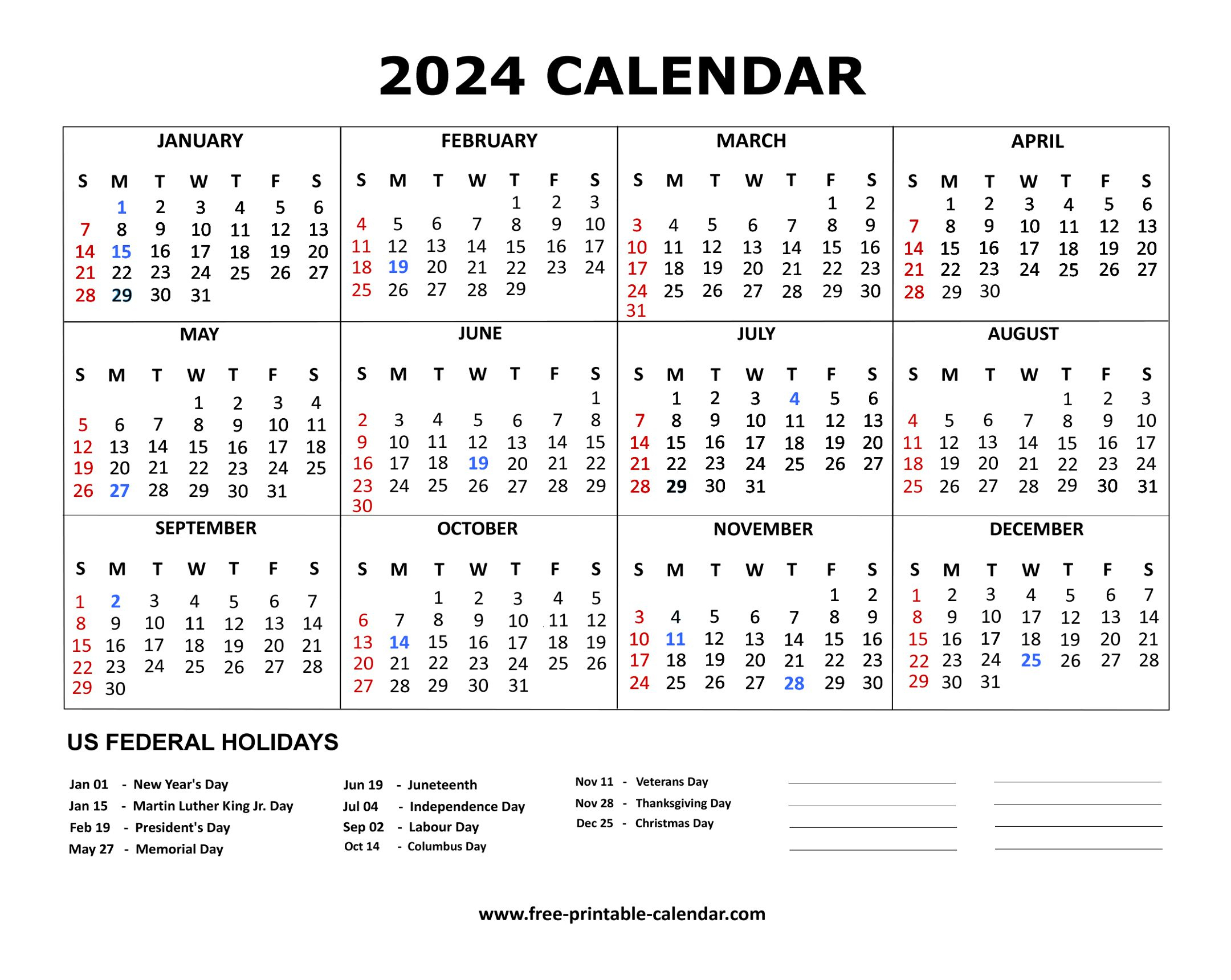 2024 Calendar | 2024 Printable Calendar One Page With Holidays Free Download