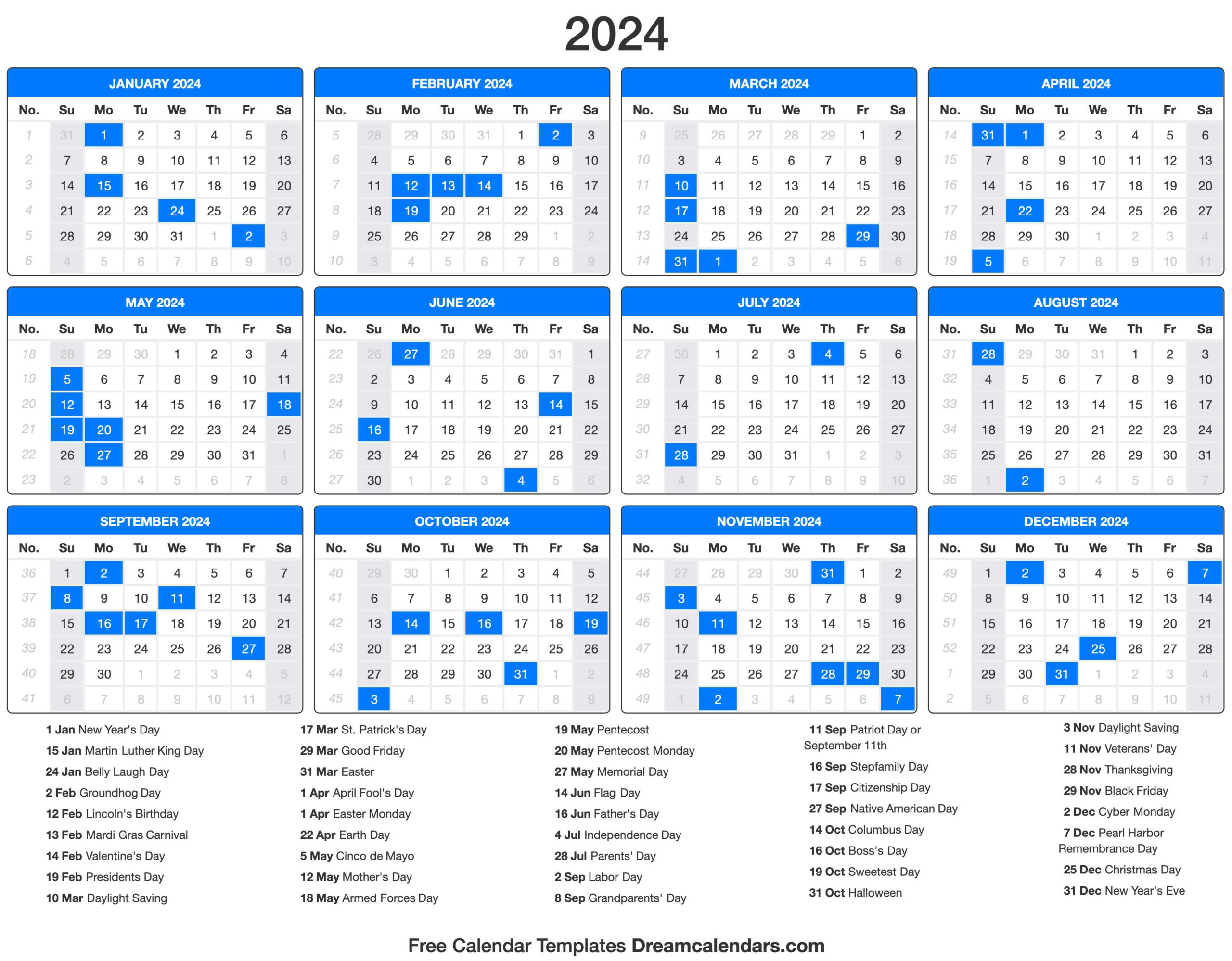 2024 Calendar | 2024 Printable Yearly Calendar With Holidays