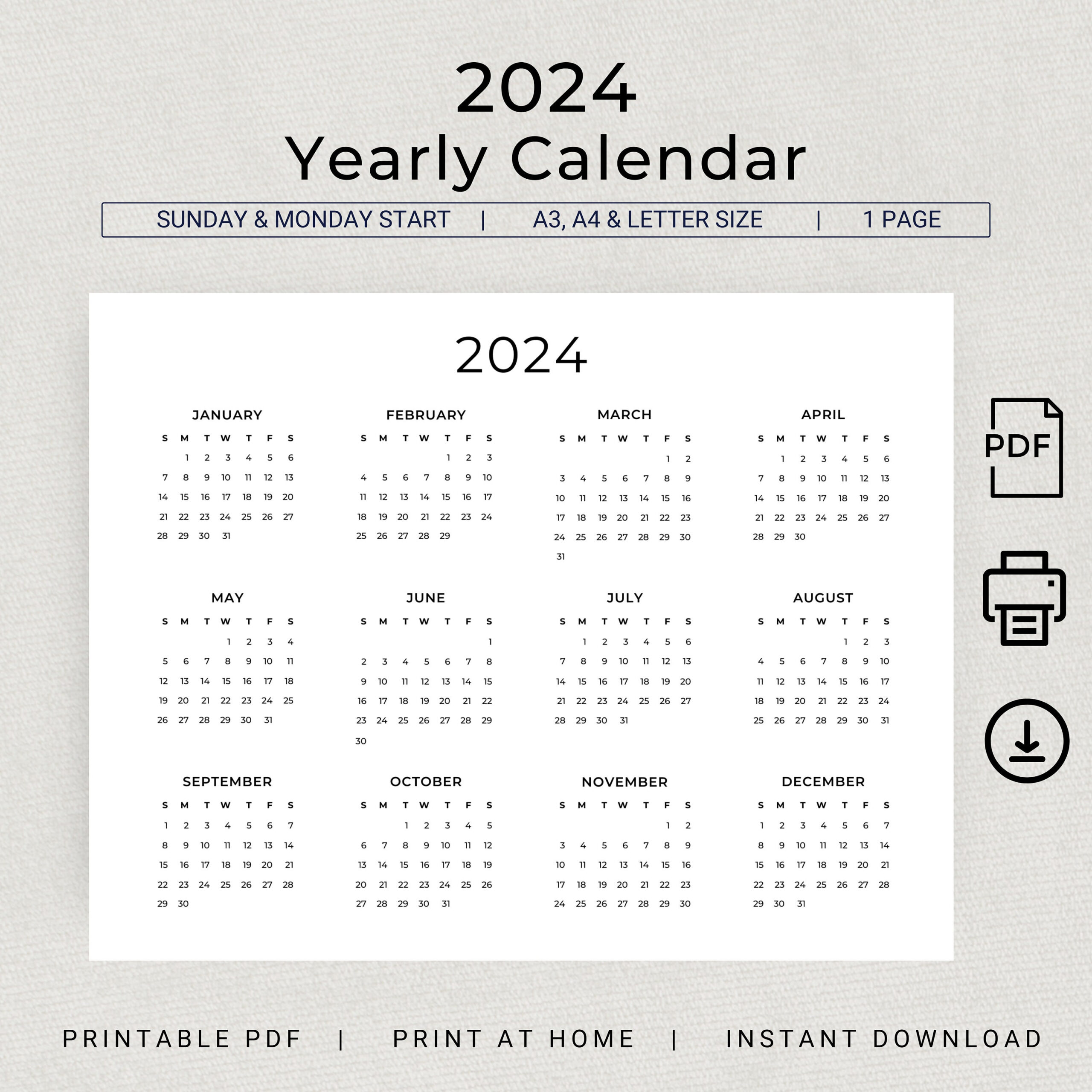 2024 Calendar 2024 Wall Calendar Printable Calendar 2024 - Etsy | Printable Calendar 2024 Kuwait