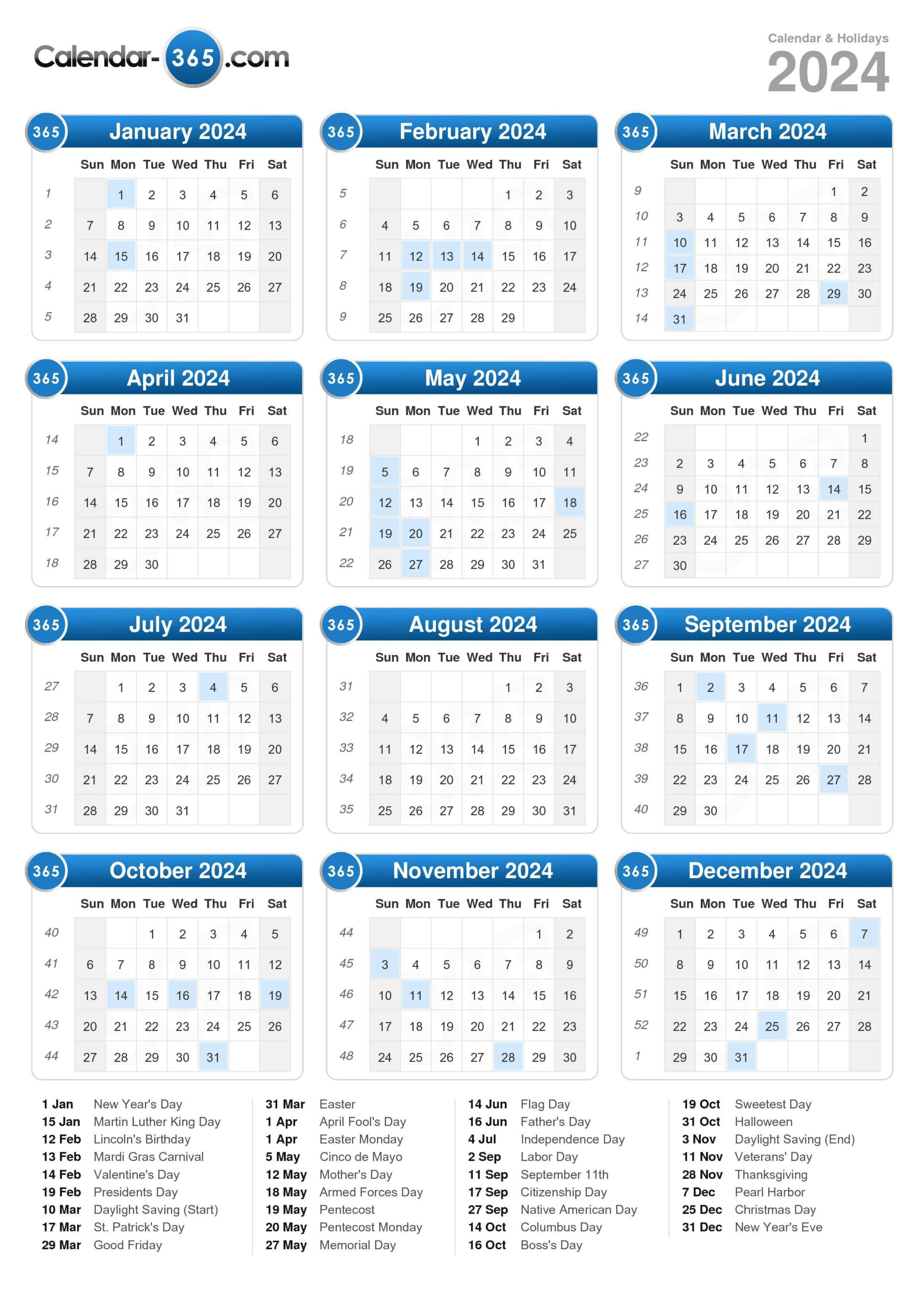 2024 Calendar | 2024 Year Calendar With Holidays
