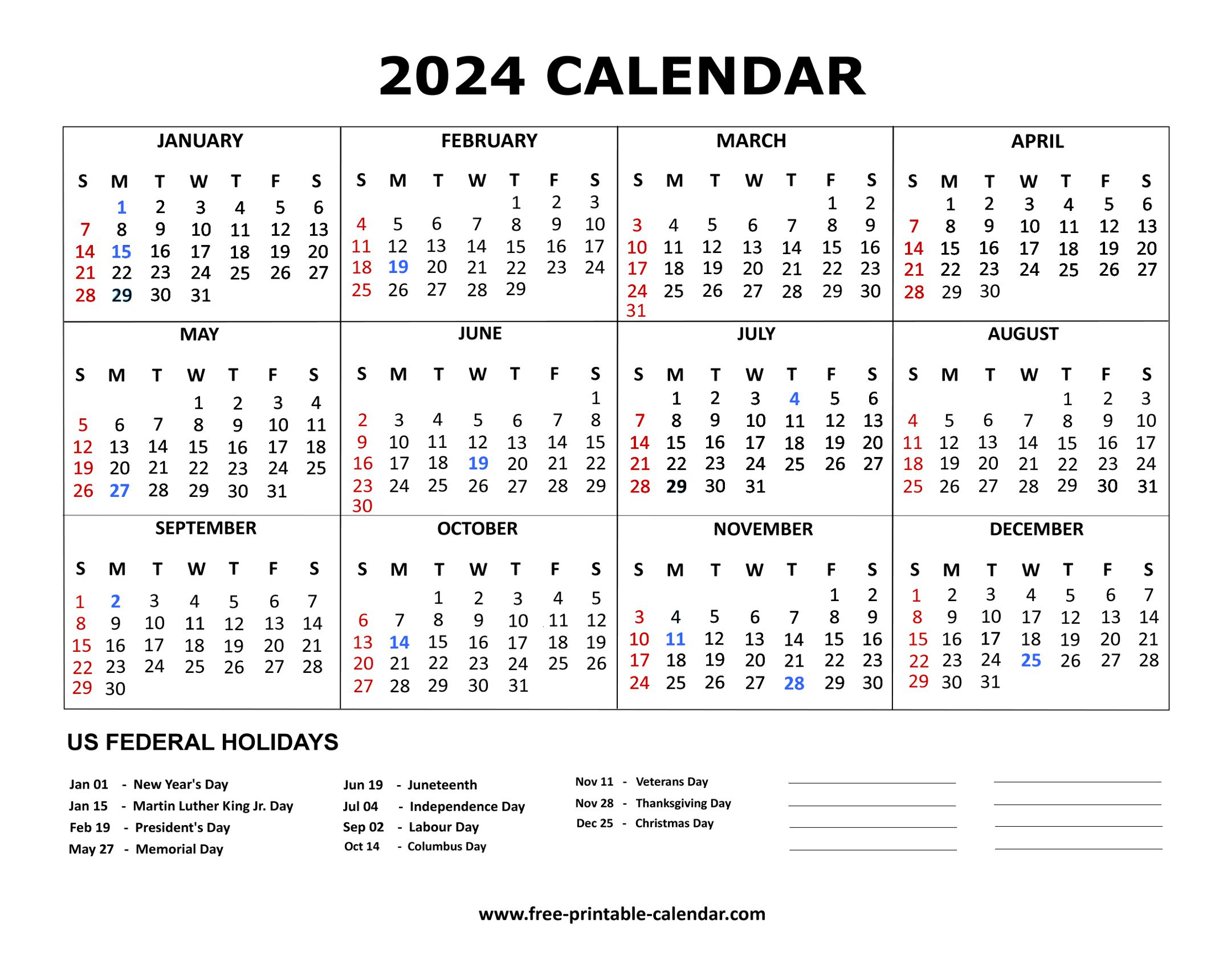 2024 Calendar | 2024 Yearly Calendar with Holidays Printable Free