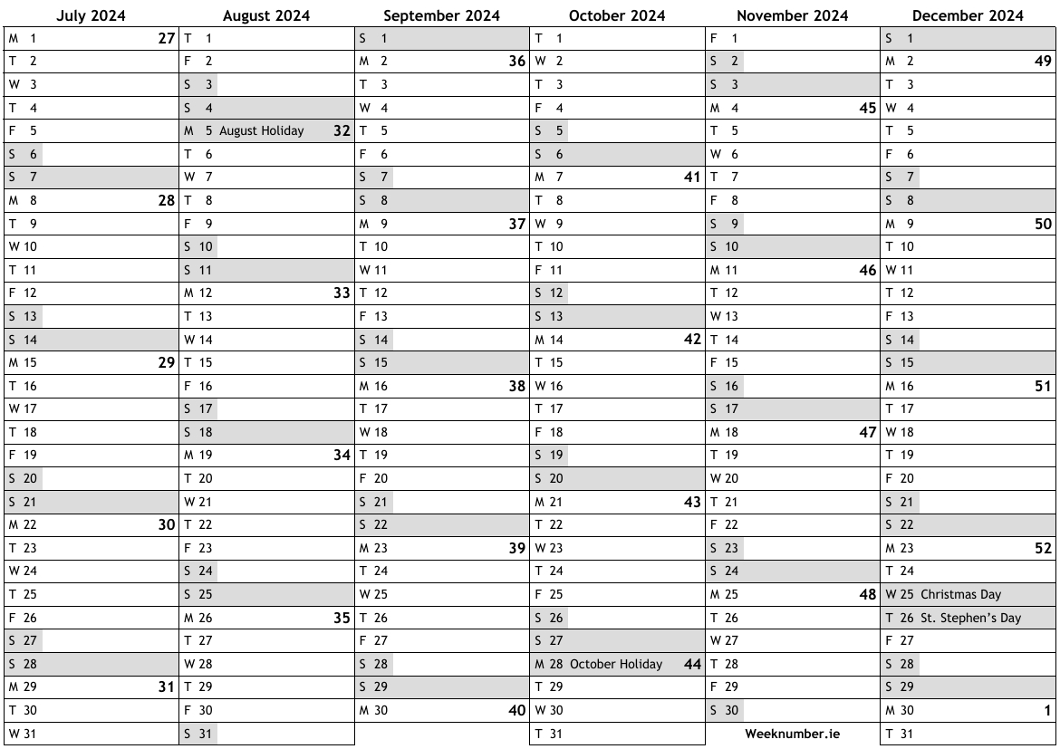 2024 Calendar, 2Nd Half | Calendar 2024 Printable Ireland