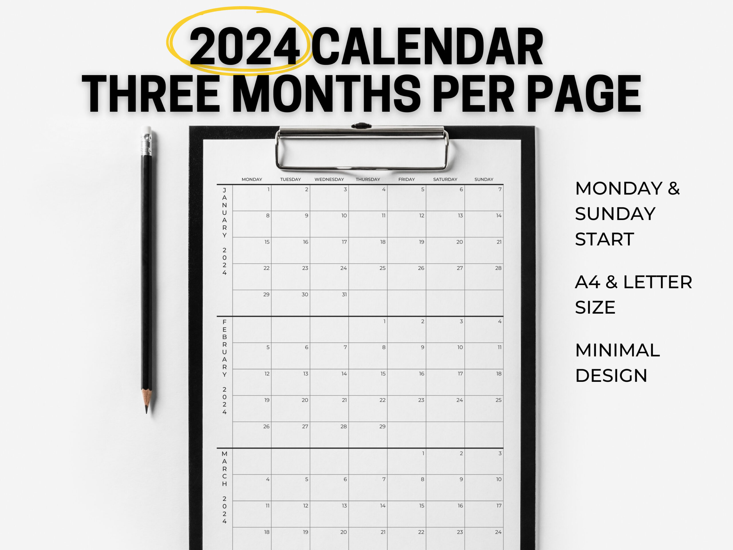 2024 Calendar 3 Months Per Page Minimalist Calendar - Etsy | 2024 Calendar Printable 3 Months Per Page