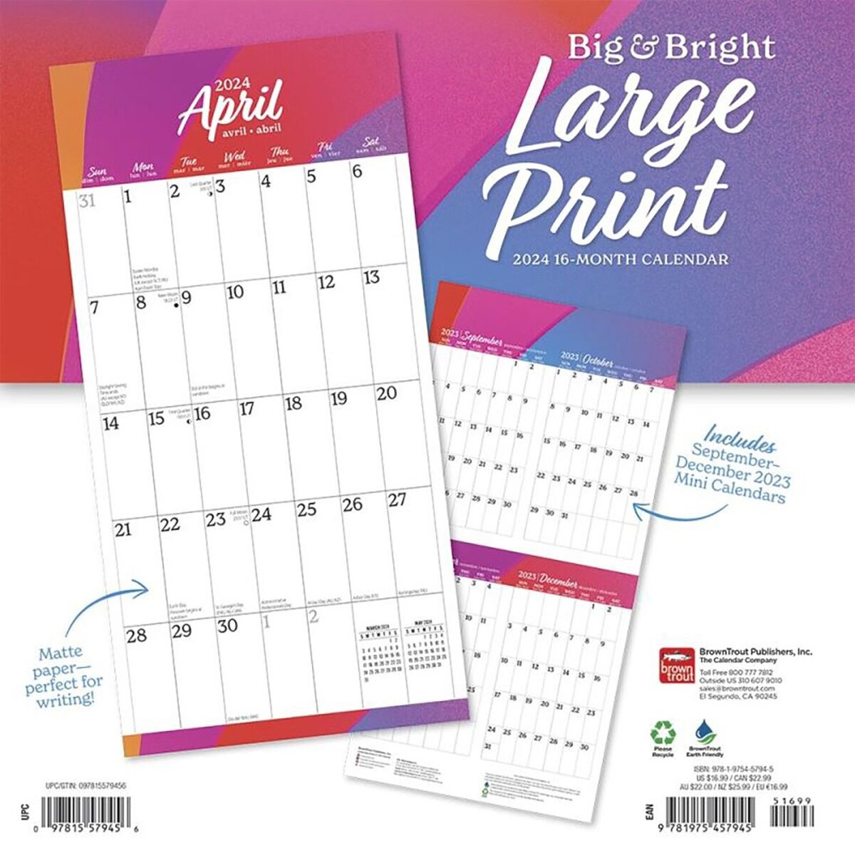 2024 Calendar Big &amp;amp;Amp; Bright Large Print 16-Month Square Wall | 2024 Calendar Large Print