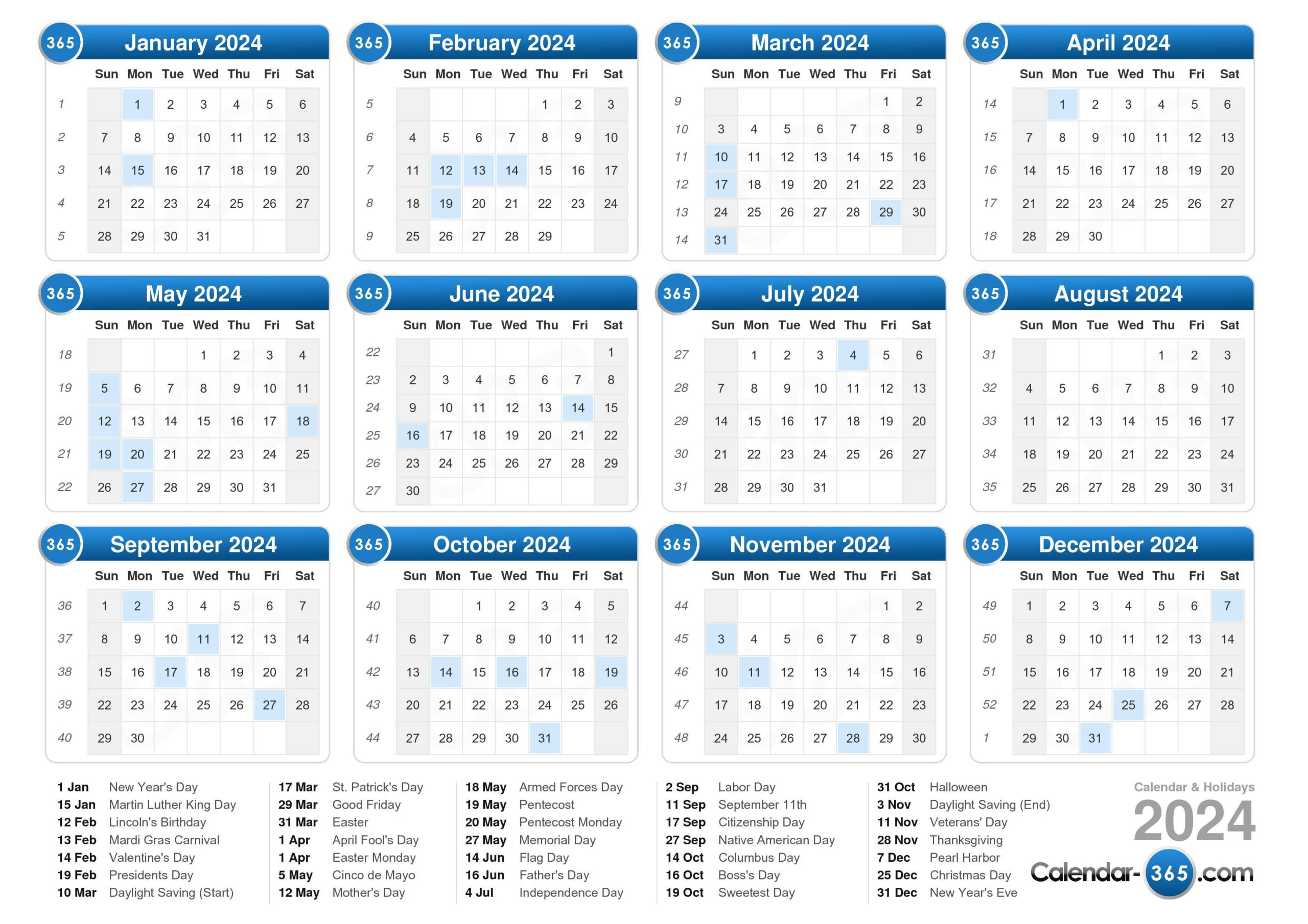 2024 Calendar | Calendar 2024 Week Numbers Printable