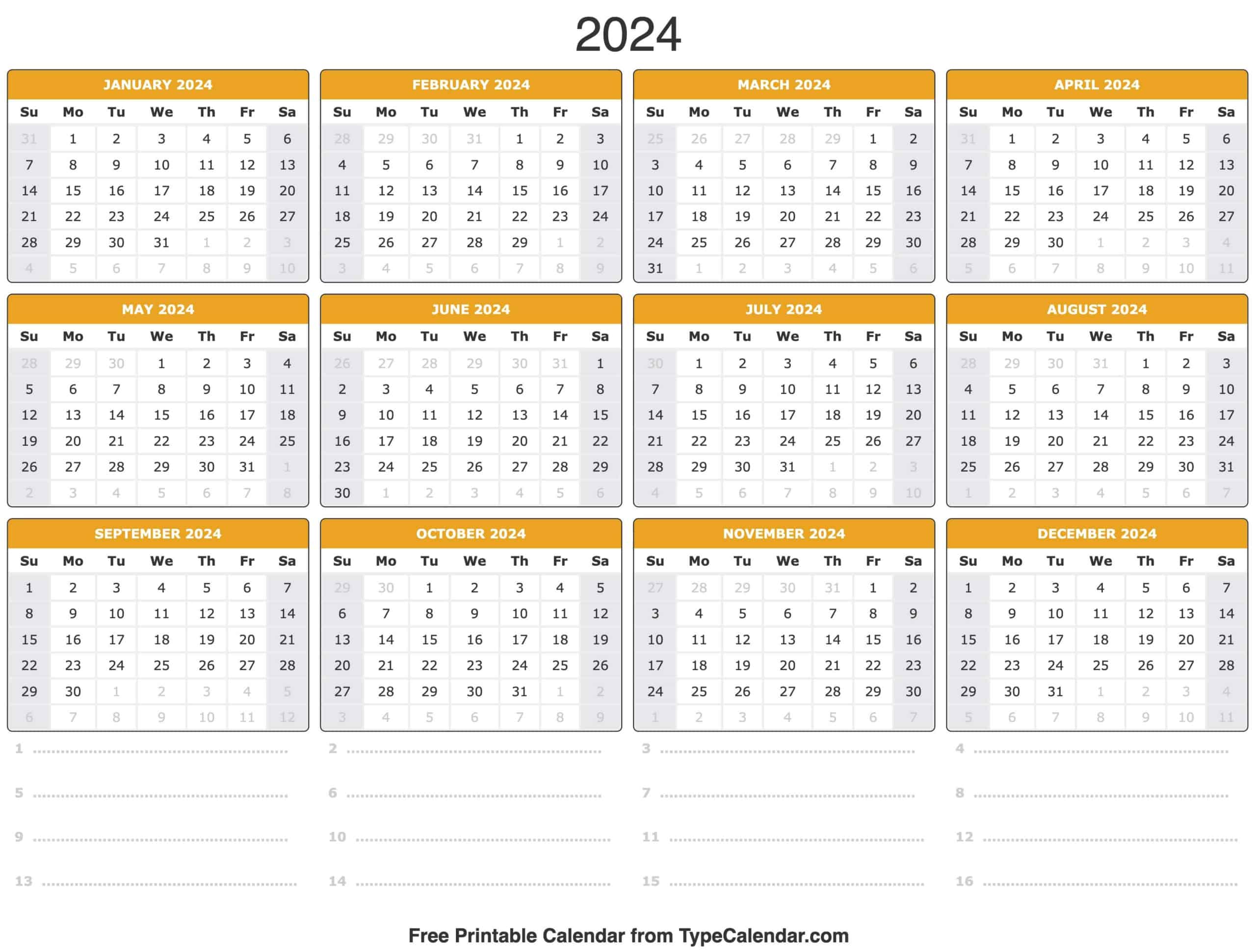 2024 Calendar: Free Printable Calendar With Holidays | 2024 Annual Calendar Google Sheets