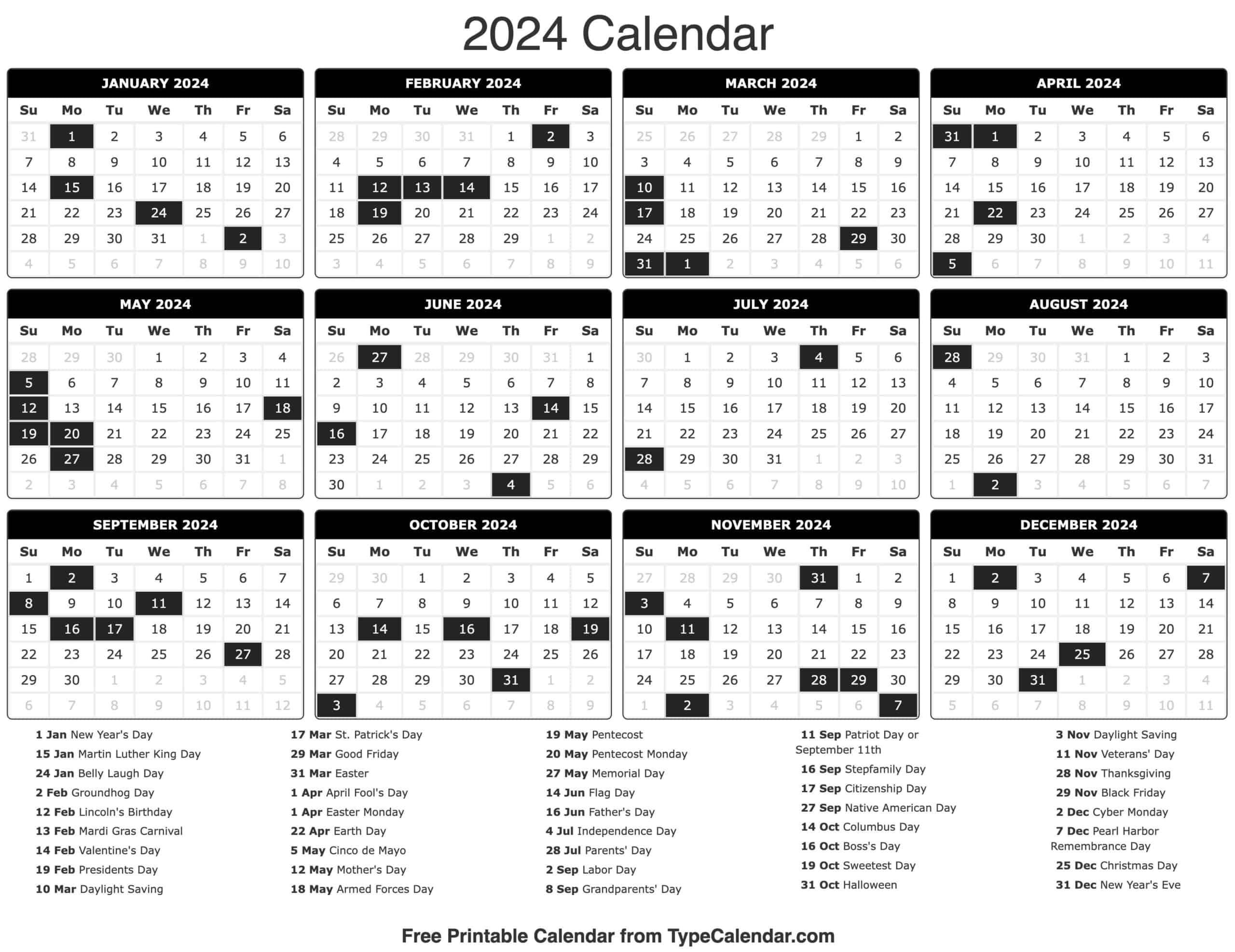 2024 Calendar: Free Printable Calendar With Holidays | 2024 Calendar Printable Vertex42