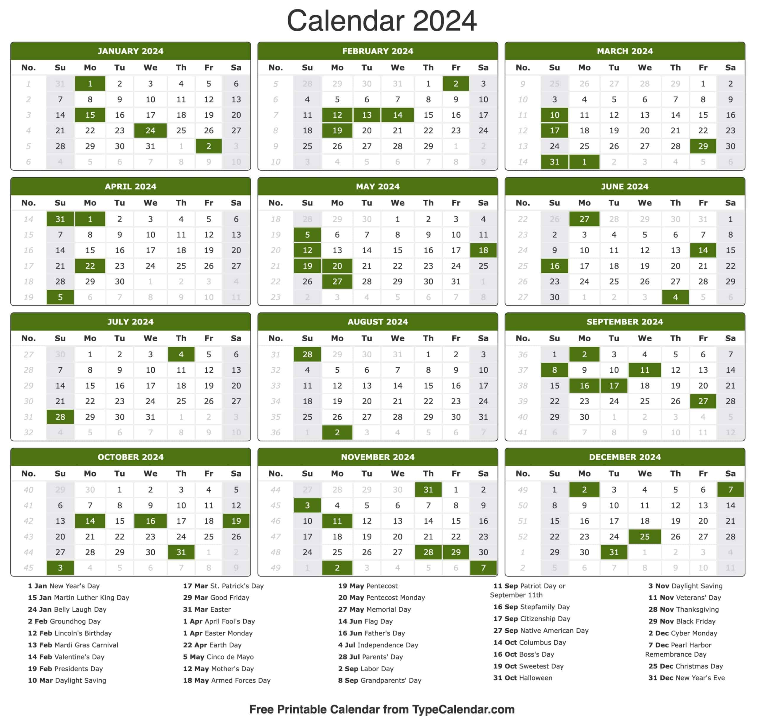 2024 Calendar: Free Printable Calendar With Holidays | 2024 Calendar With Holidays Printable
