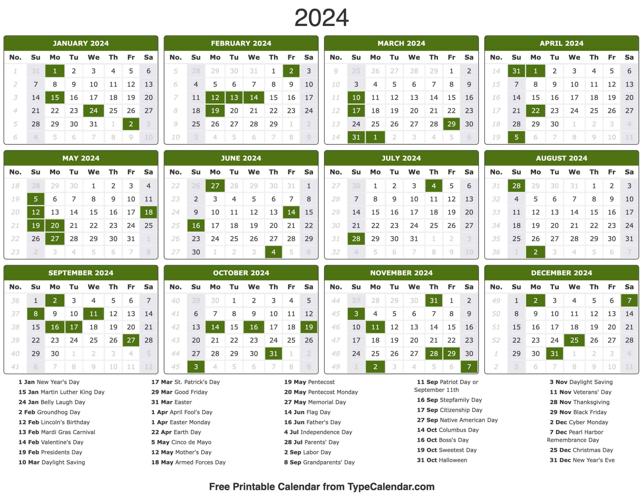 2024 Calendar: Free Printable Calendar With Holidays | 2024 Yearly Holiday Calendar