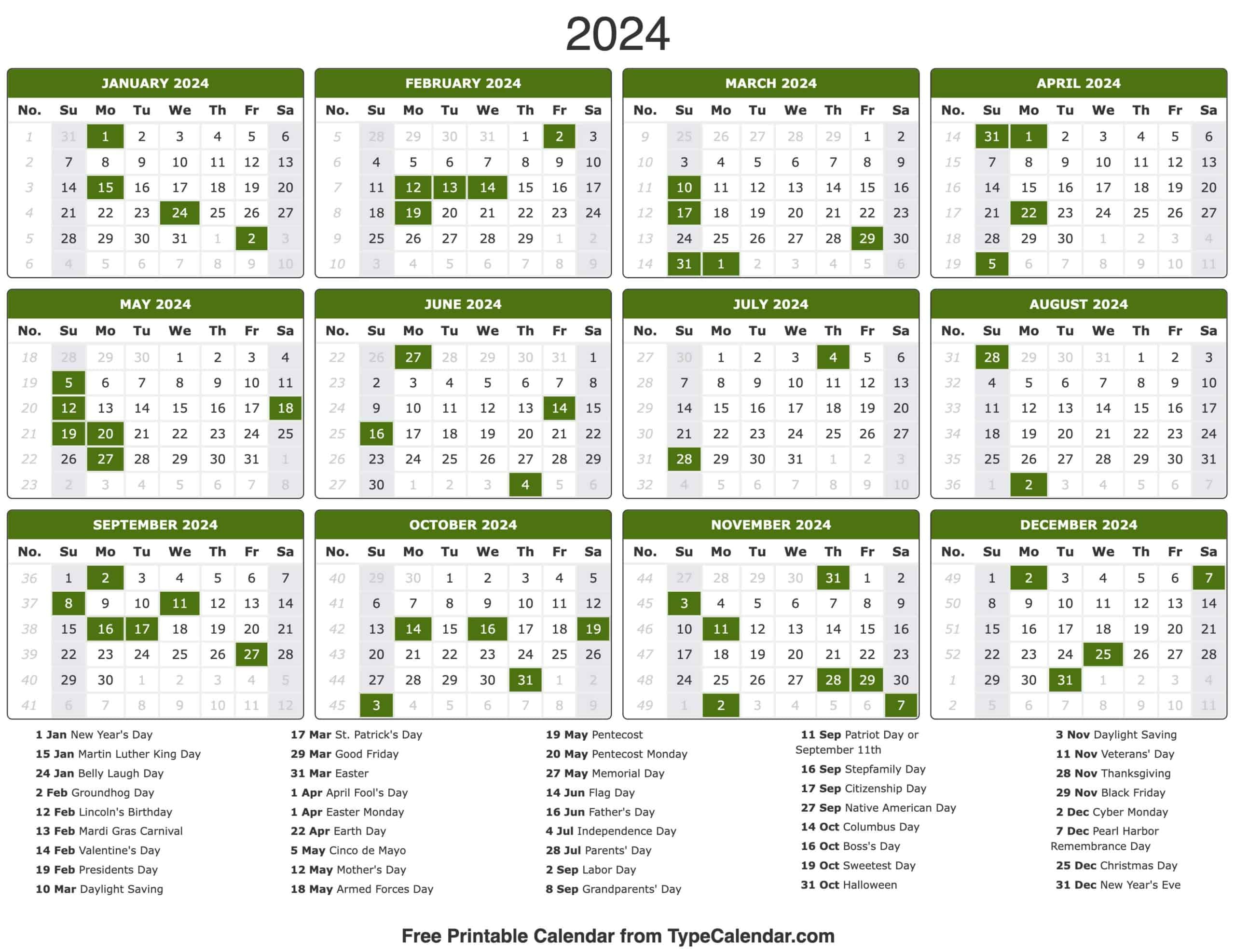 2024 Calendar: Free Printable Calendar With Holidays | Calendar 2024 with Holidays