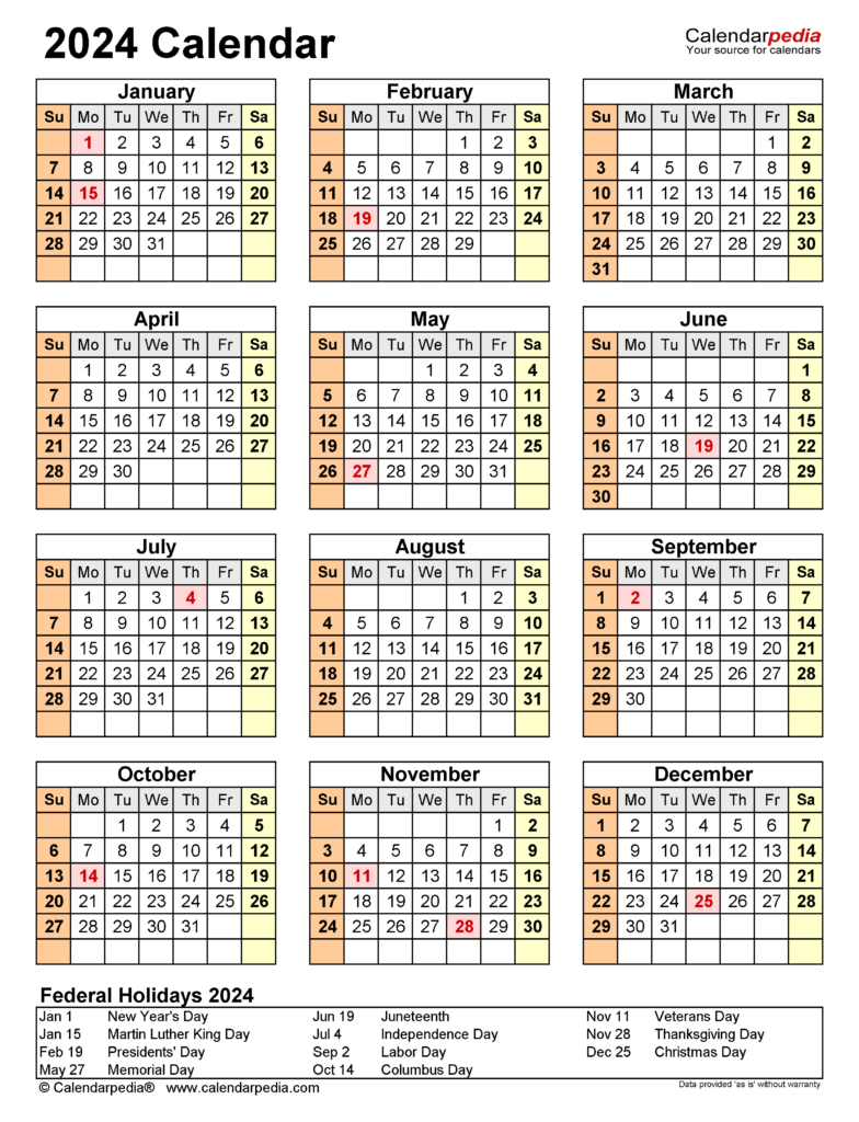 2024 Yearly Calendar Printable One Page Excel | Printable Calendar 2024