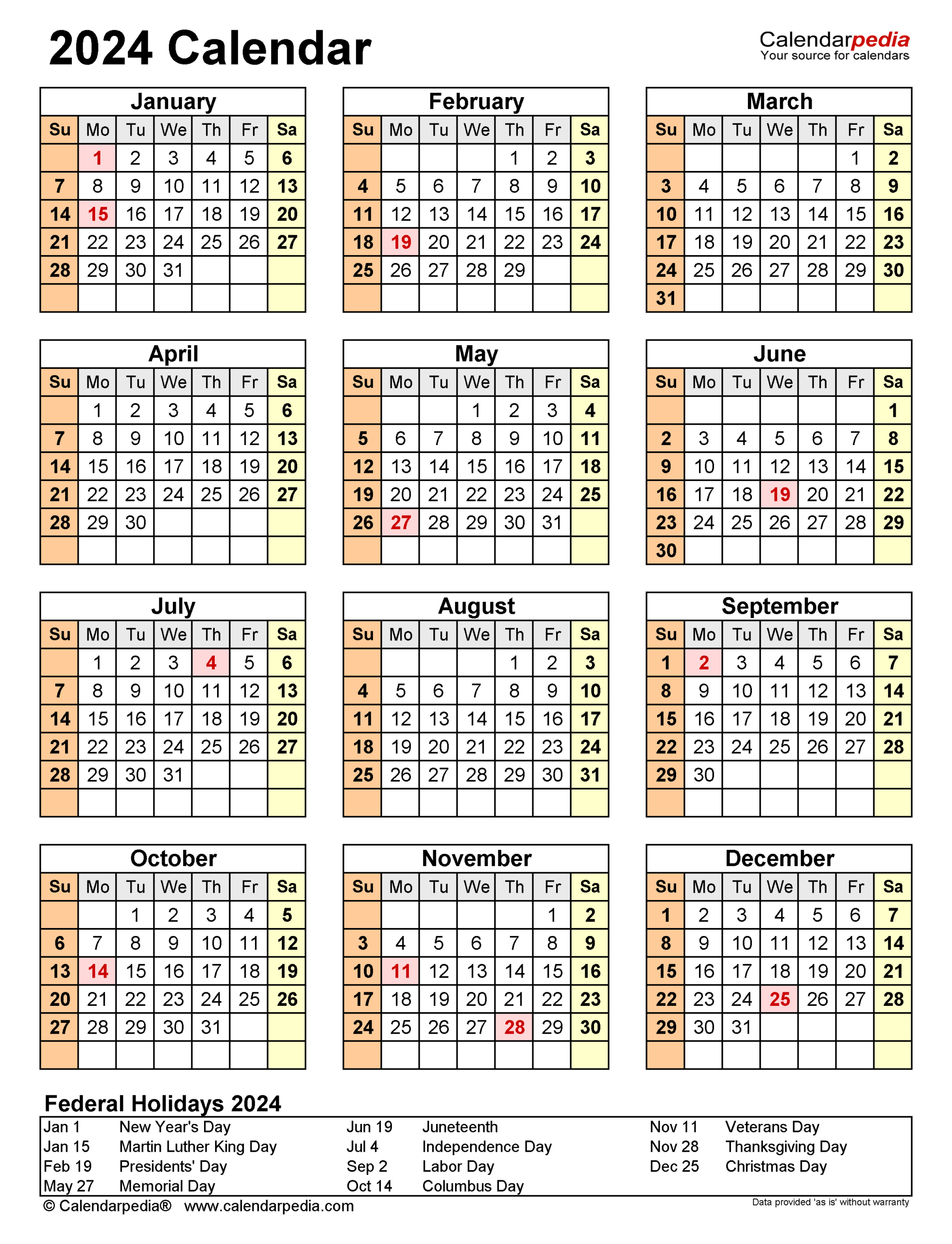 2024 Calendar - Free Printable Word Templates - Calendarpedia | How Many Days In 2024 Calendar Year?